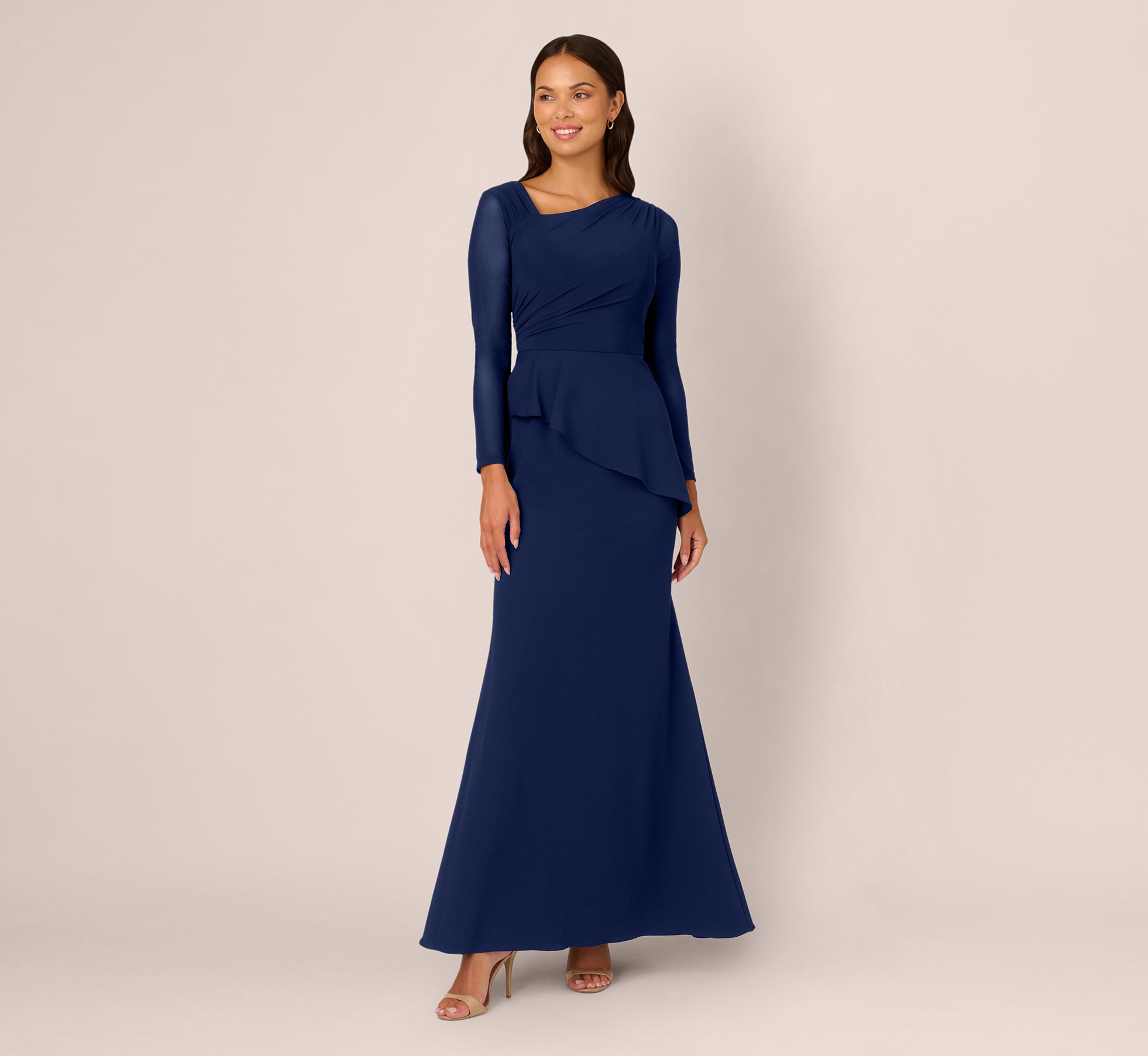 knit crepe combo mesh gown in navy sateen 2