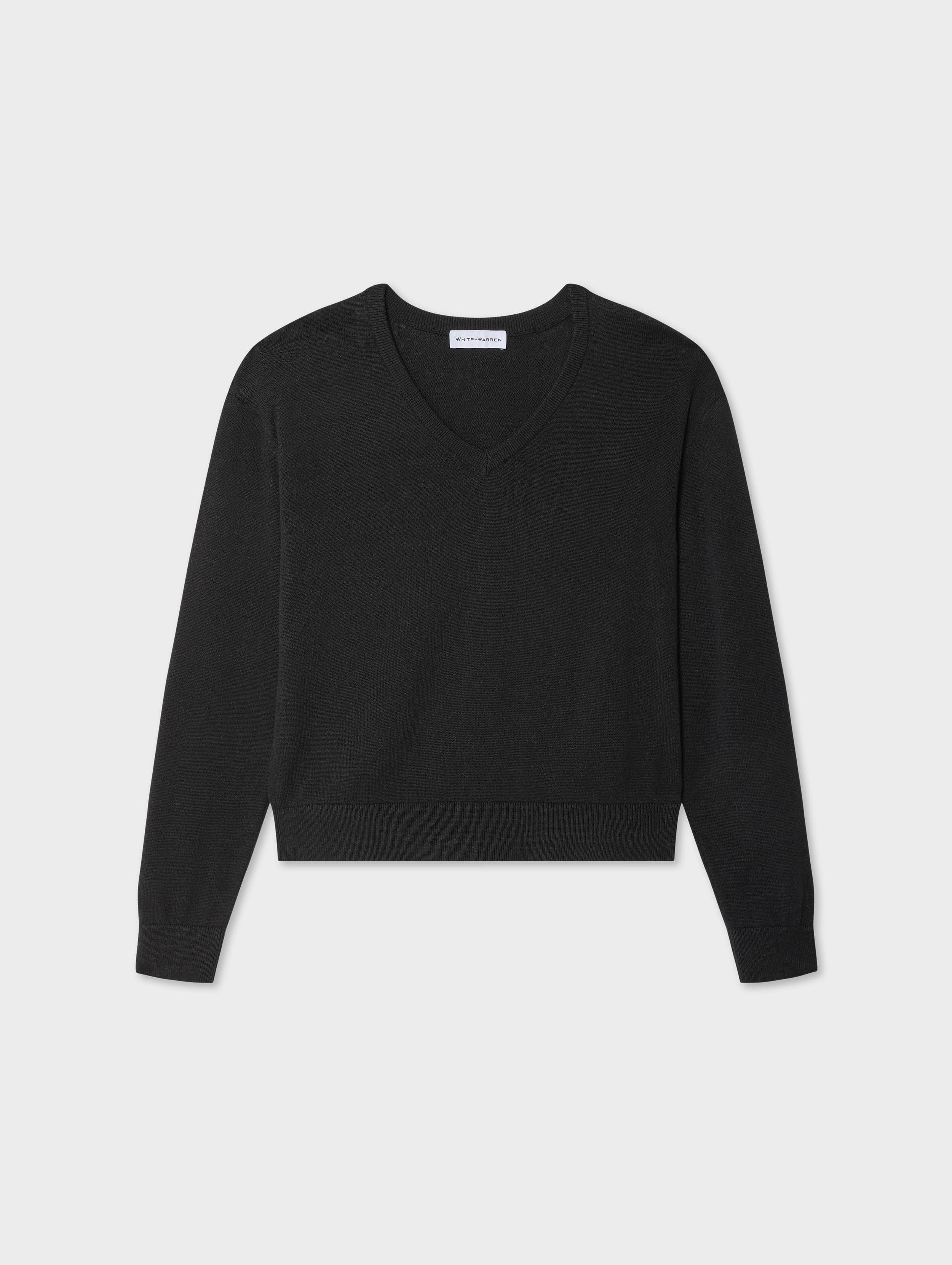 linen blend rib trim v neck black 1
