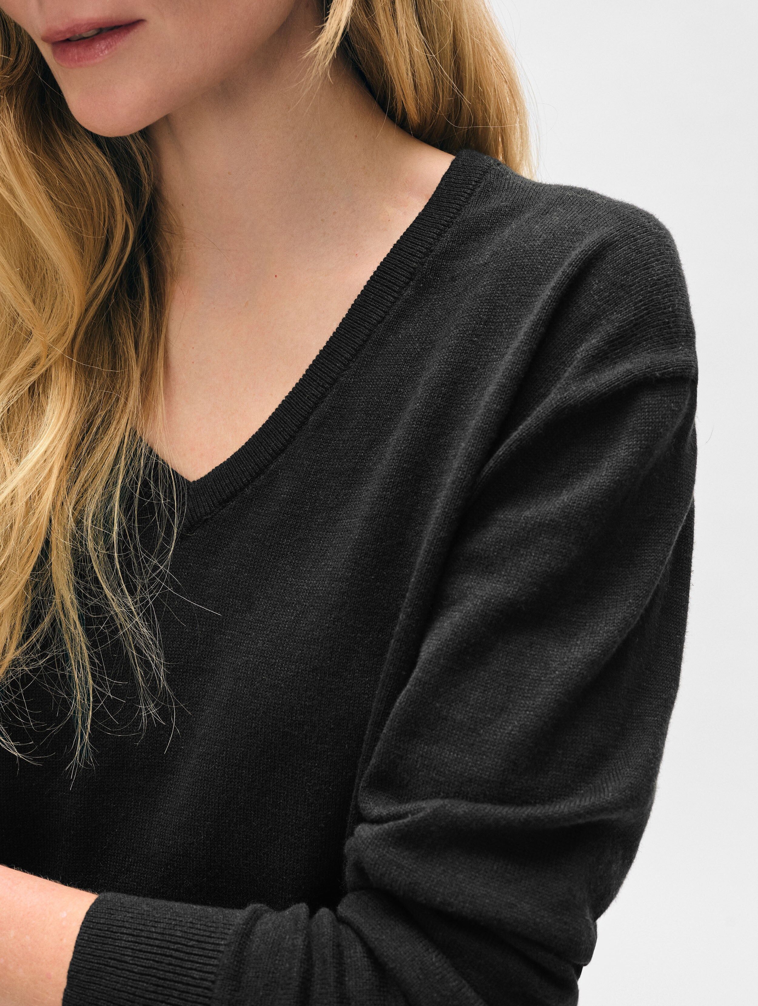 linen blend rib trim v neck black 2