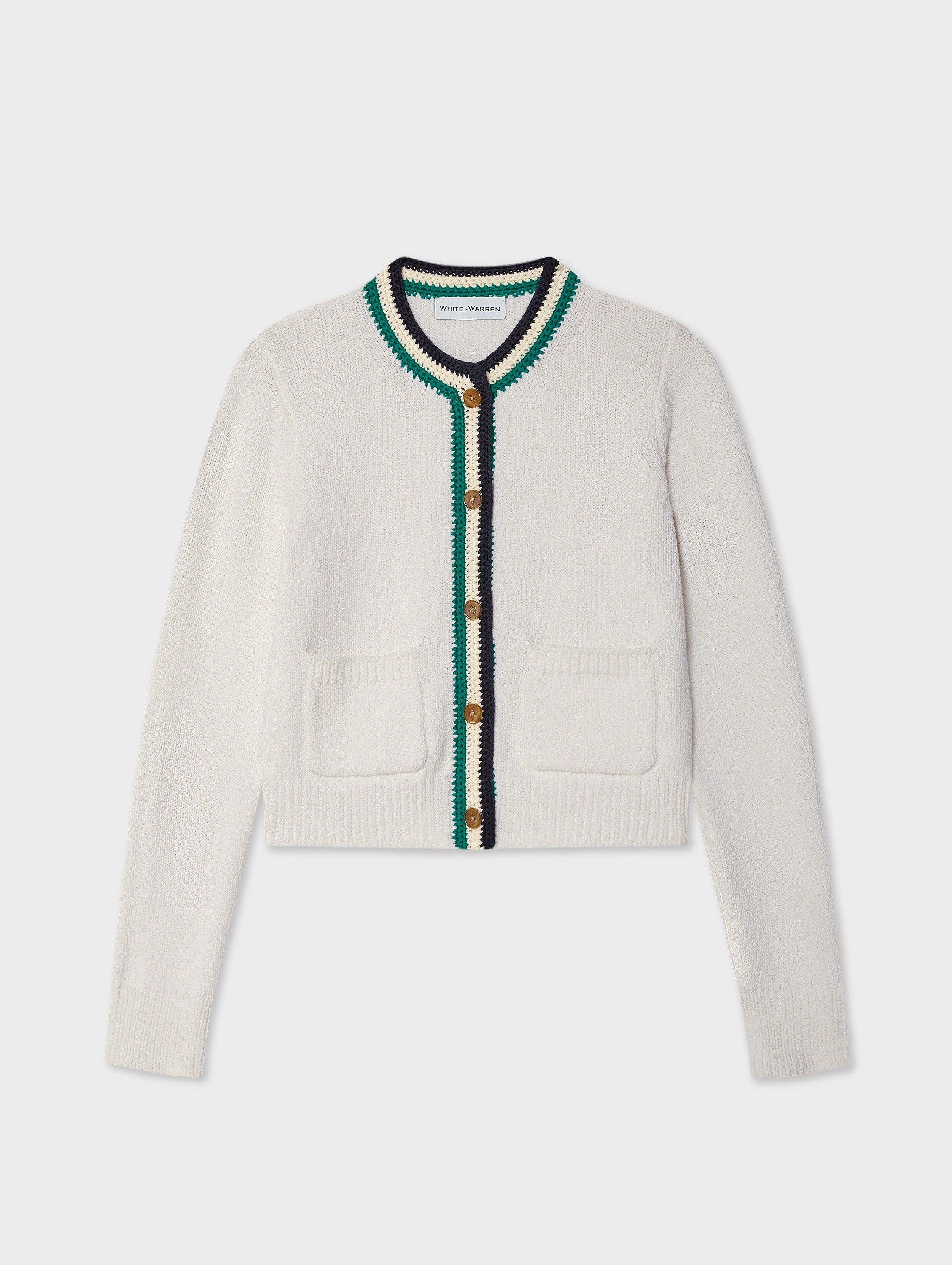 lofty cotton crochet trim cardigan ivory teal 1