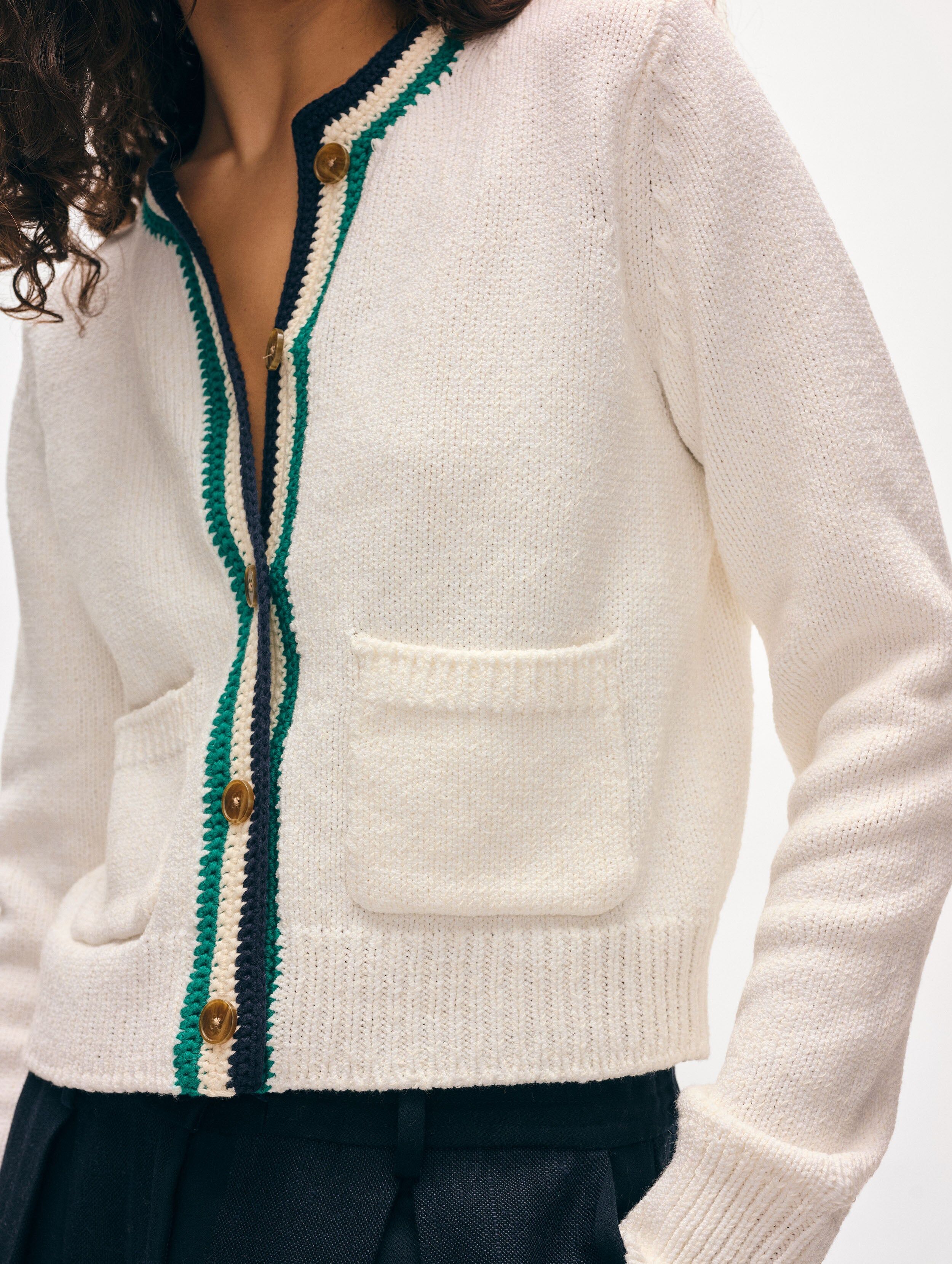 lofty cotton crochet trim cardigan ivory teal 2