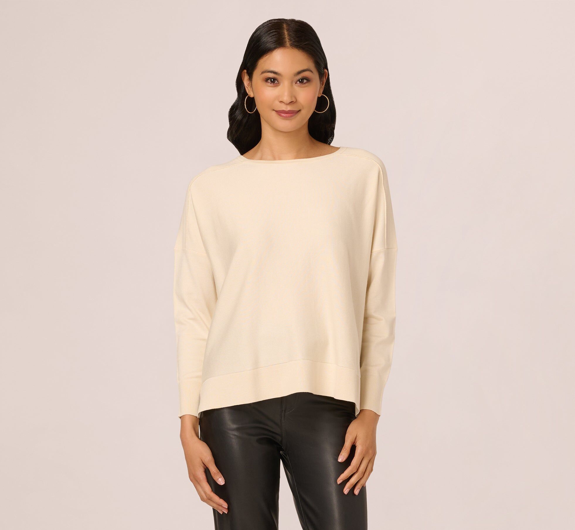 long sleeve drop shoulder pullover sweater top in cream 3