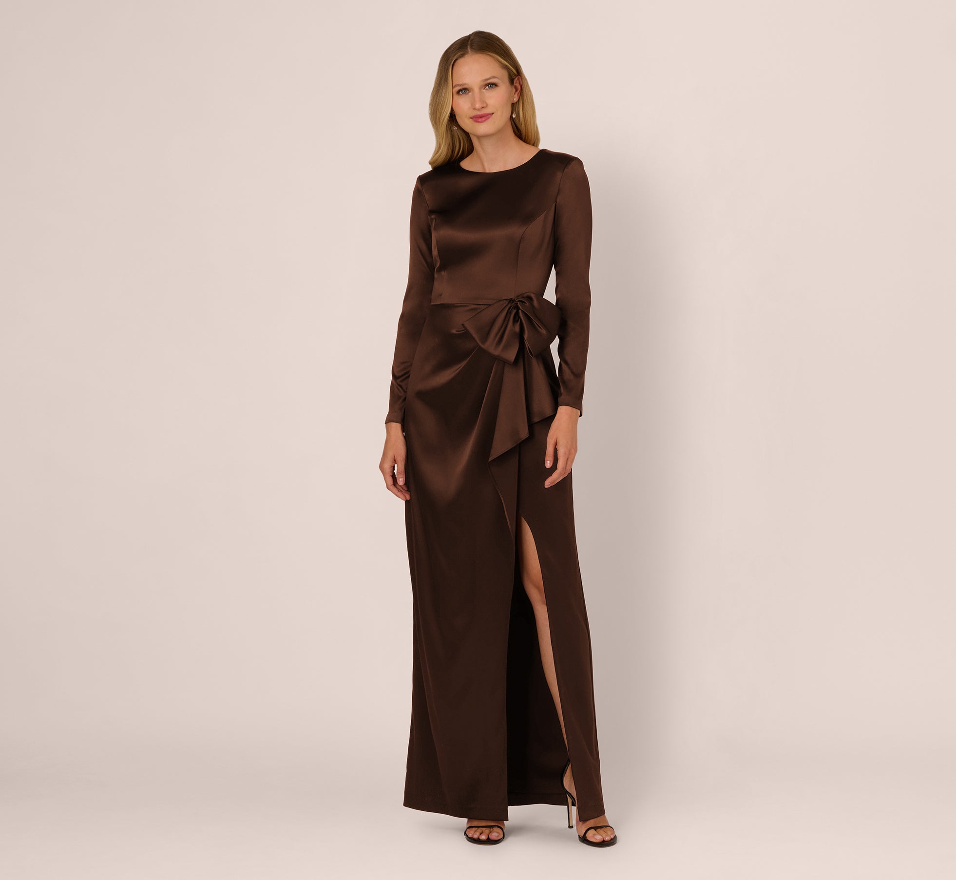 long sleeve satin bow gown in chocolate 2