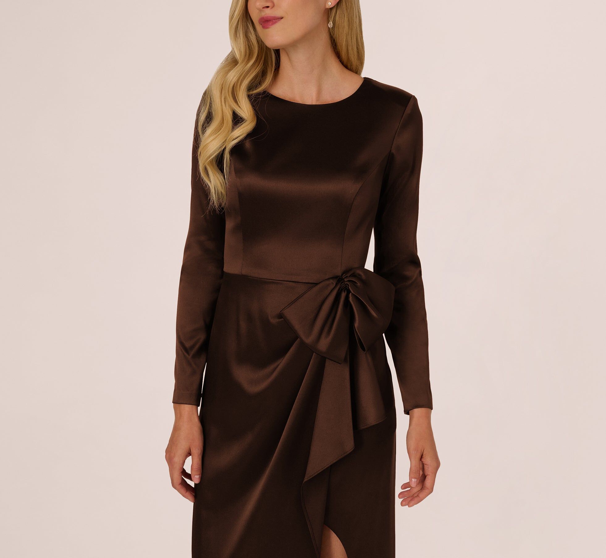 long sleeve satin bow gown in chocolate 3