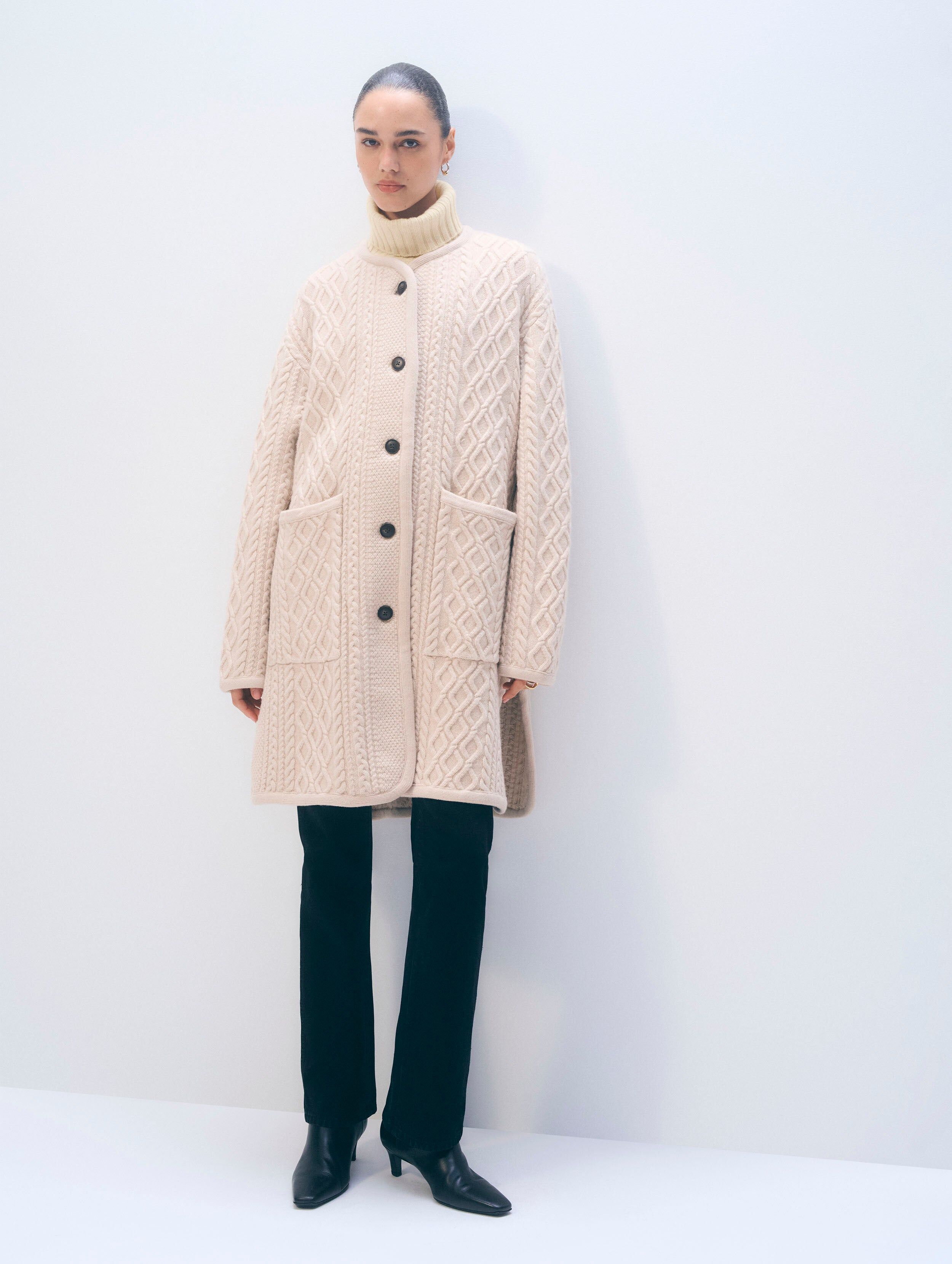merino luxe oversized cable coat honey cream 1