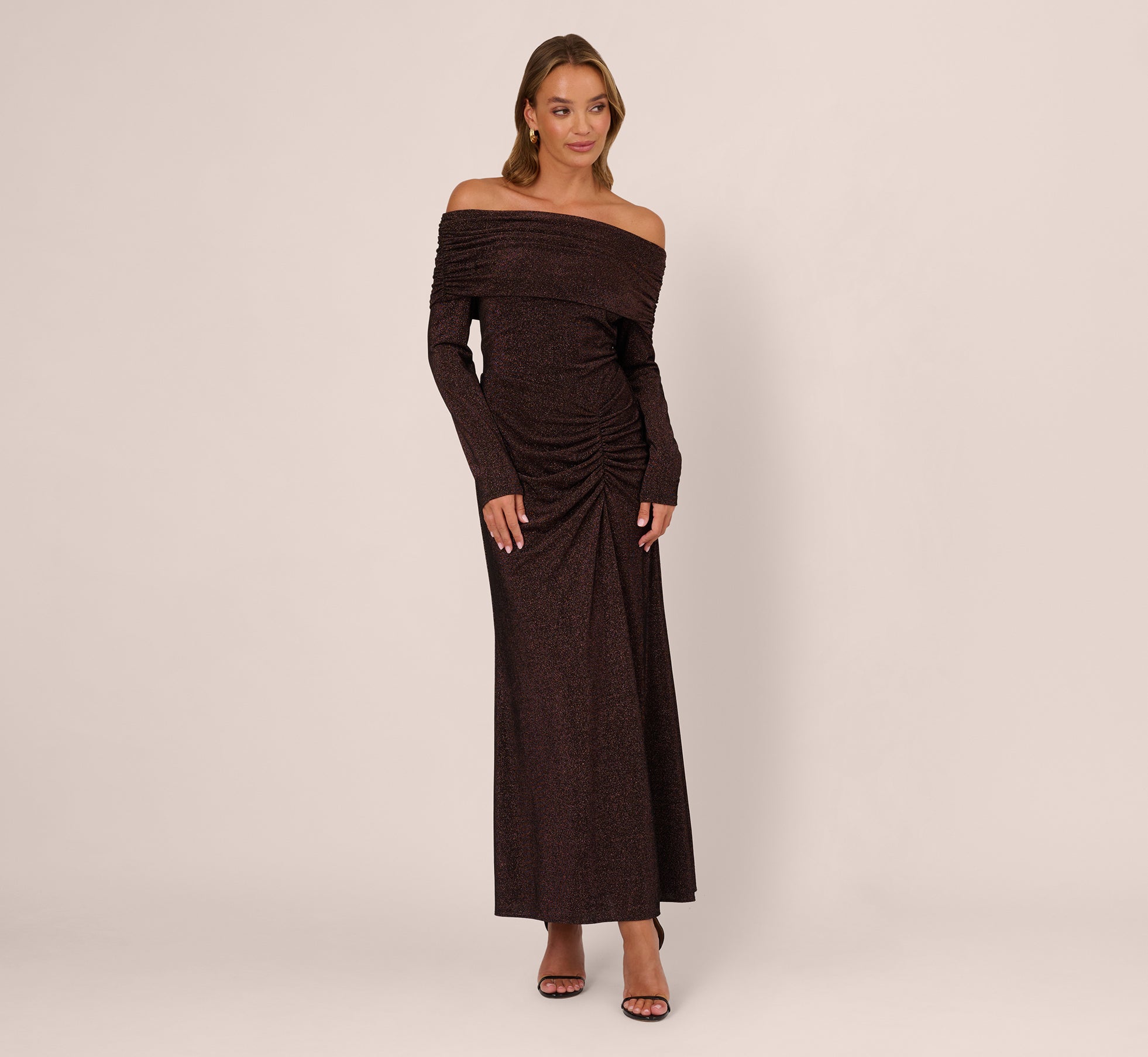 off shoulder long sleeve metallic knit maxi dress in chocolate 3