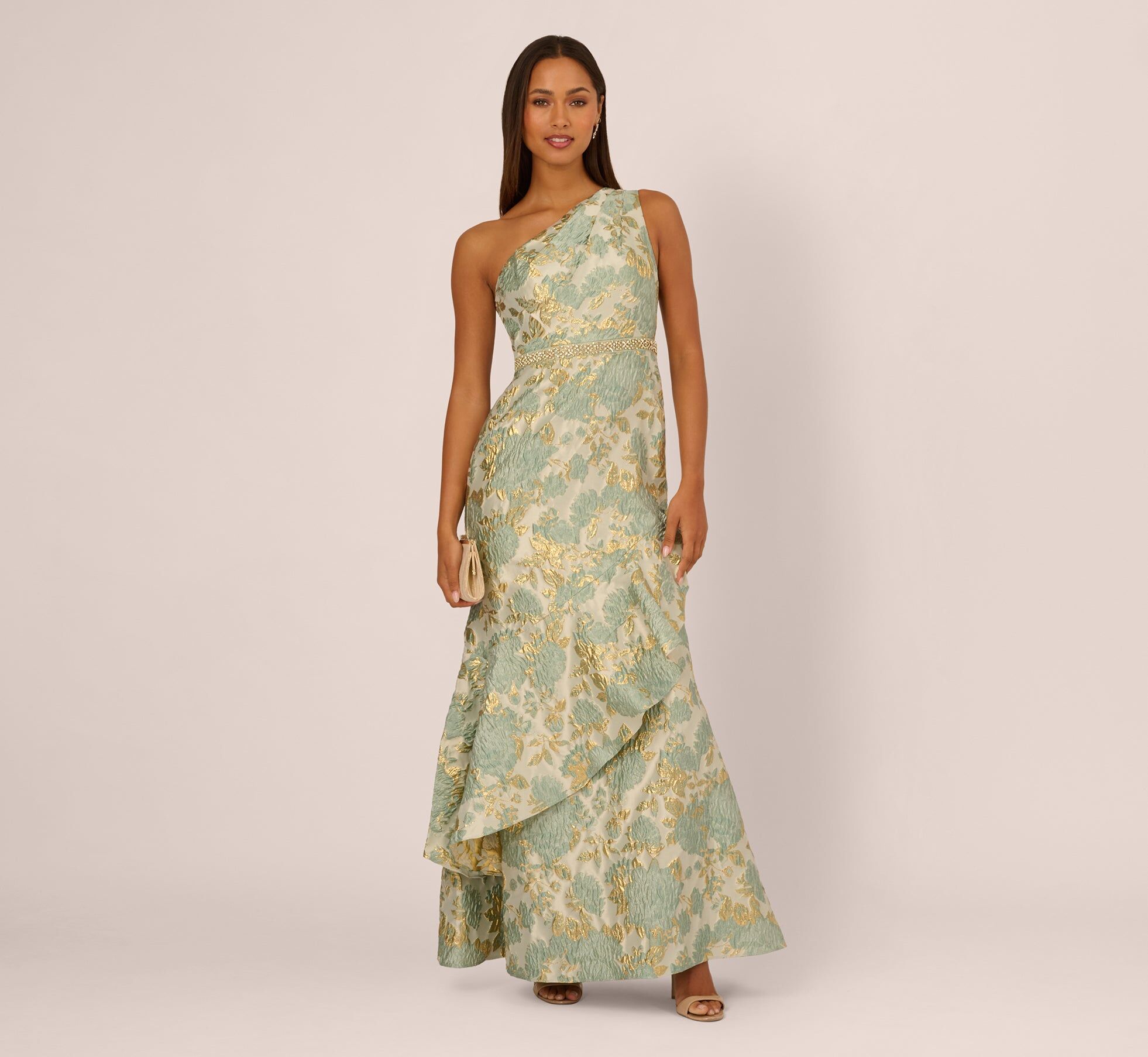 one shoulder beaded metallic floral gown in sage multi 1