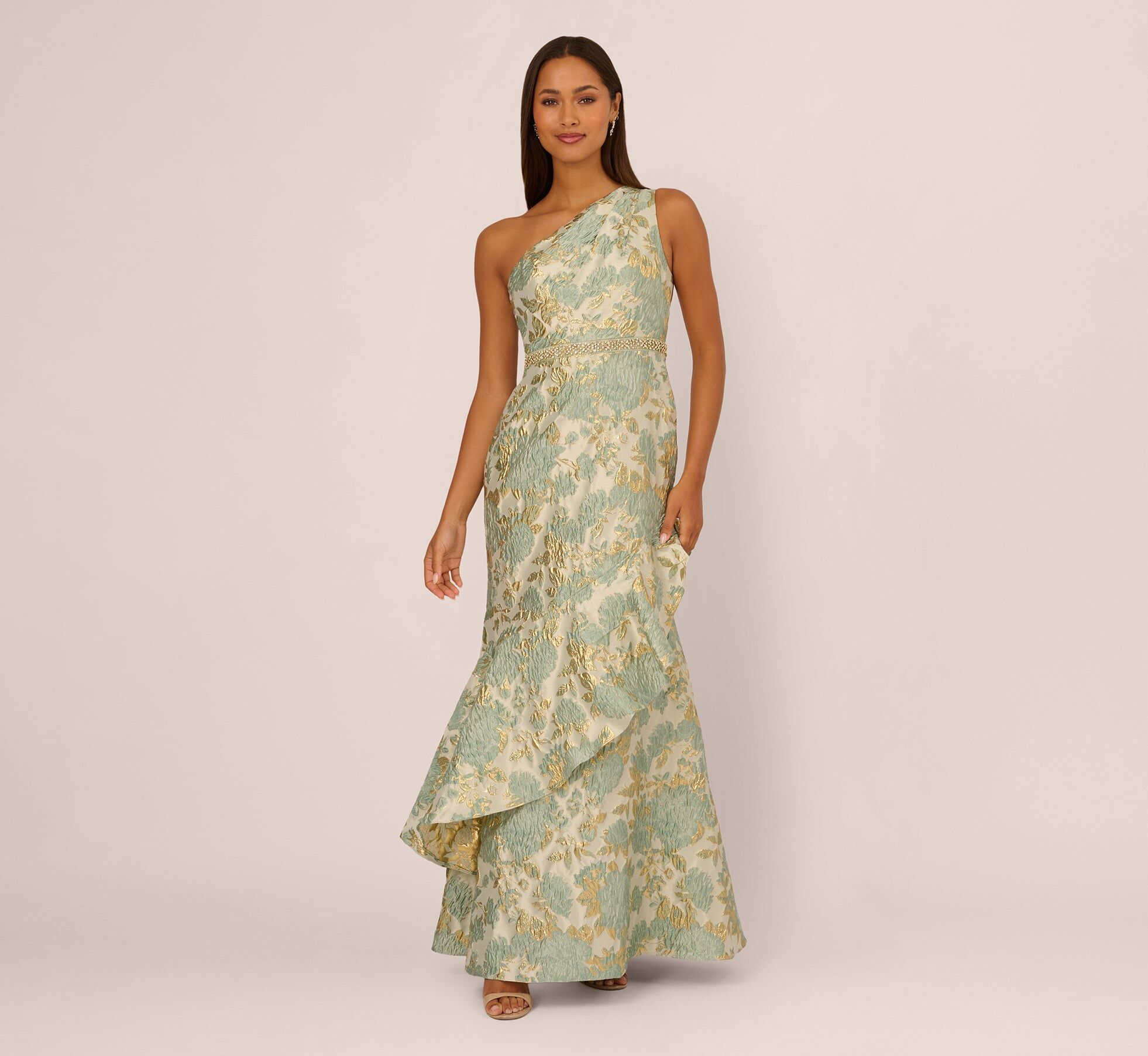 one shoulder beaded metallic floral gown in sage multi 2