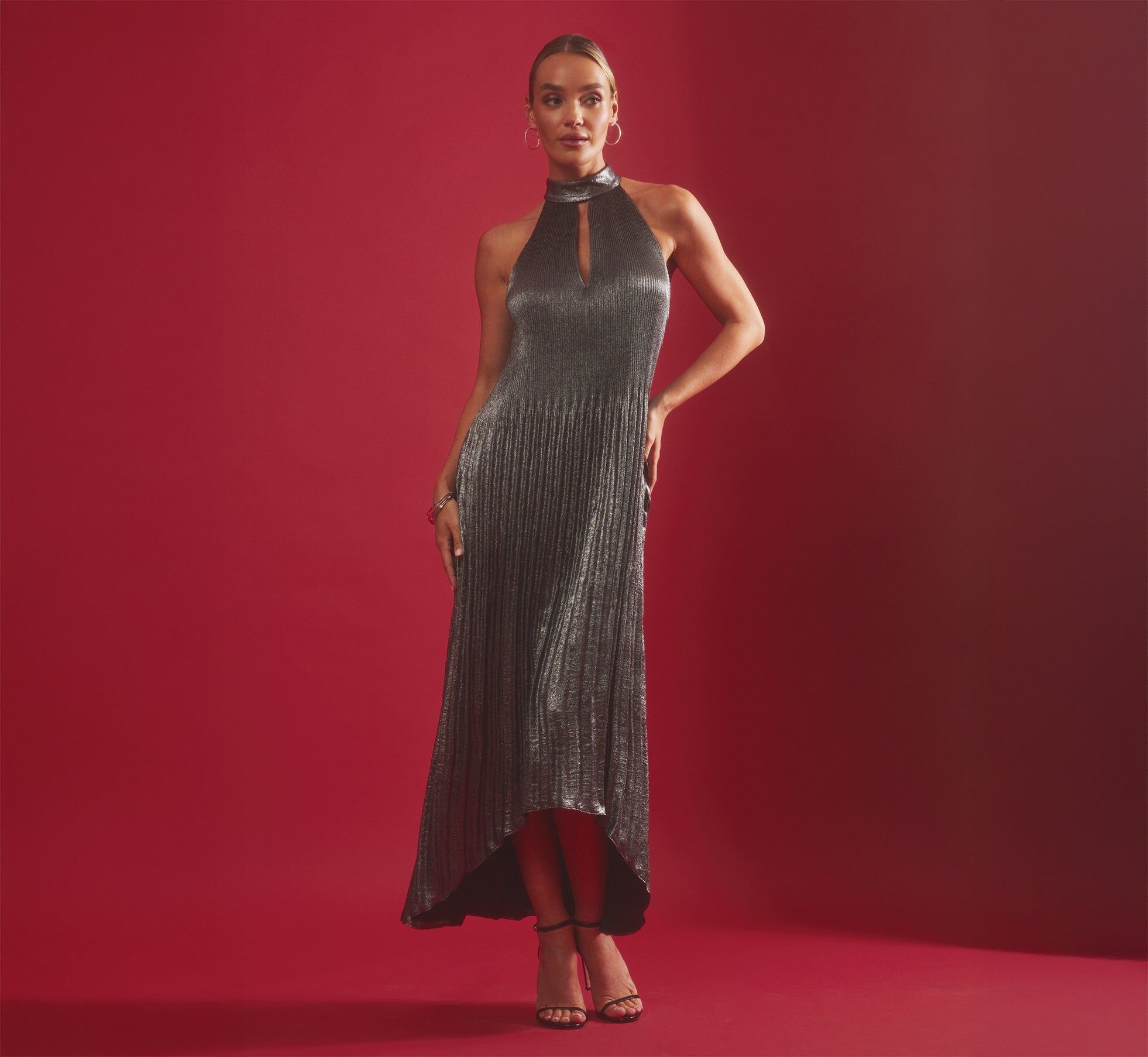 pleated metallic high low maxi halter dress in gunmetal black 1