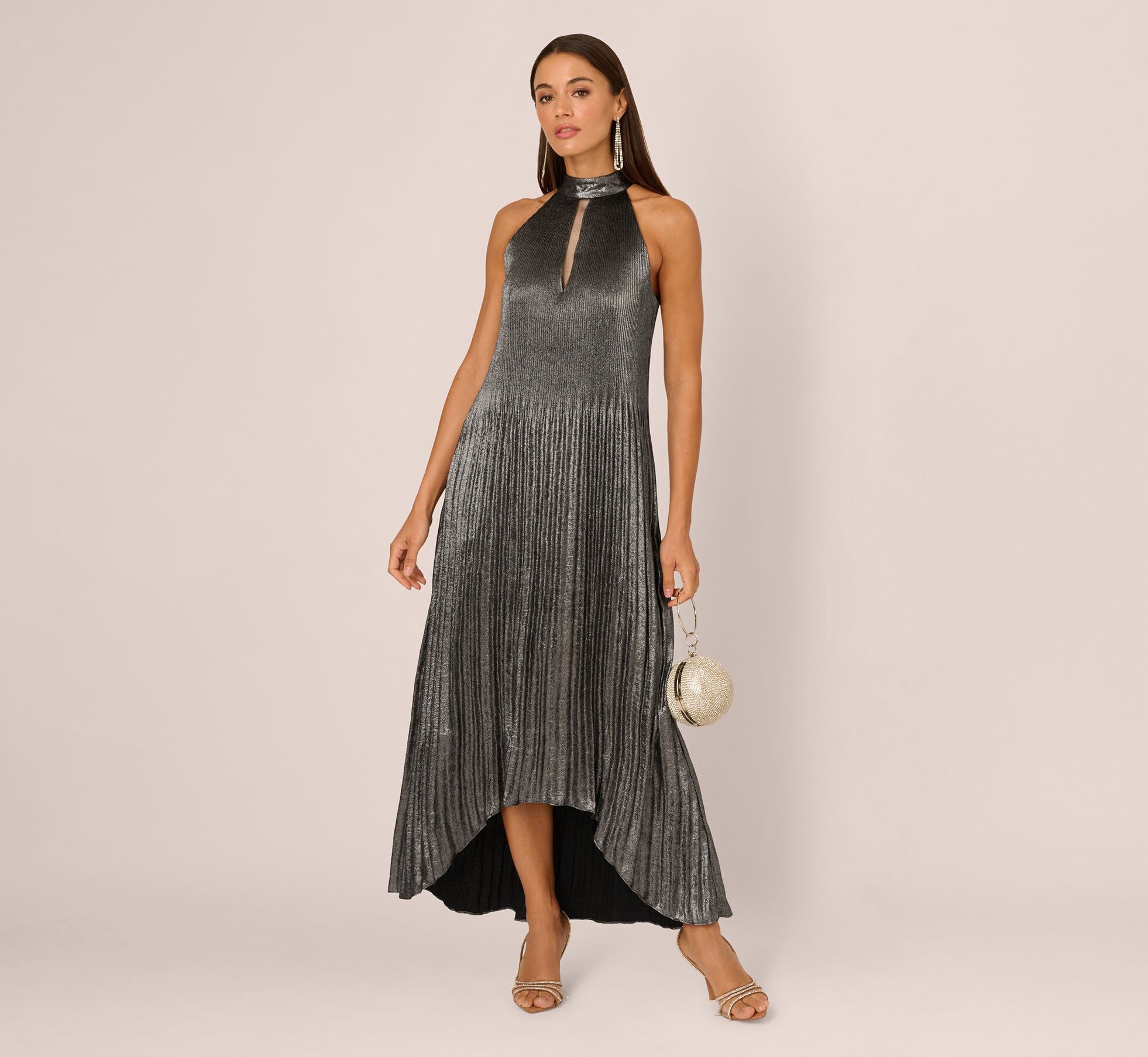 pleated metallic high low maxi halter dress in gunmetal black 2