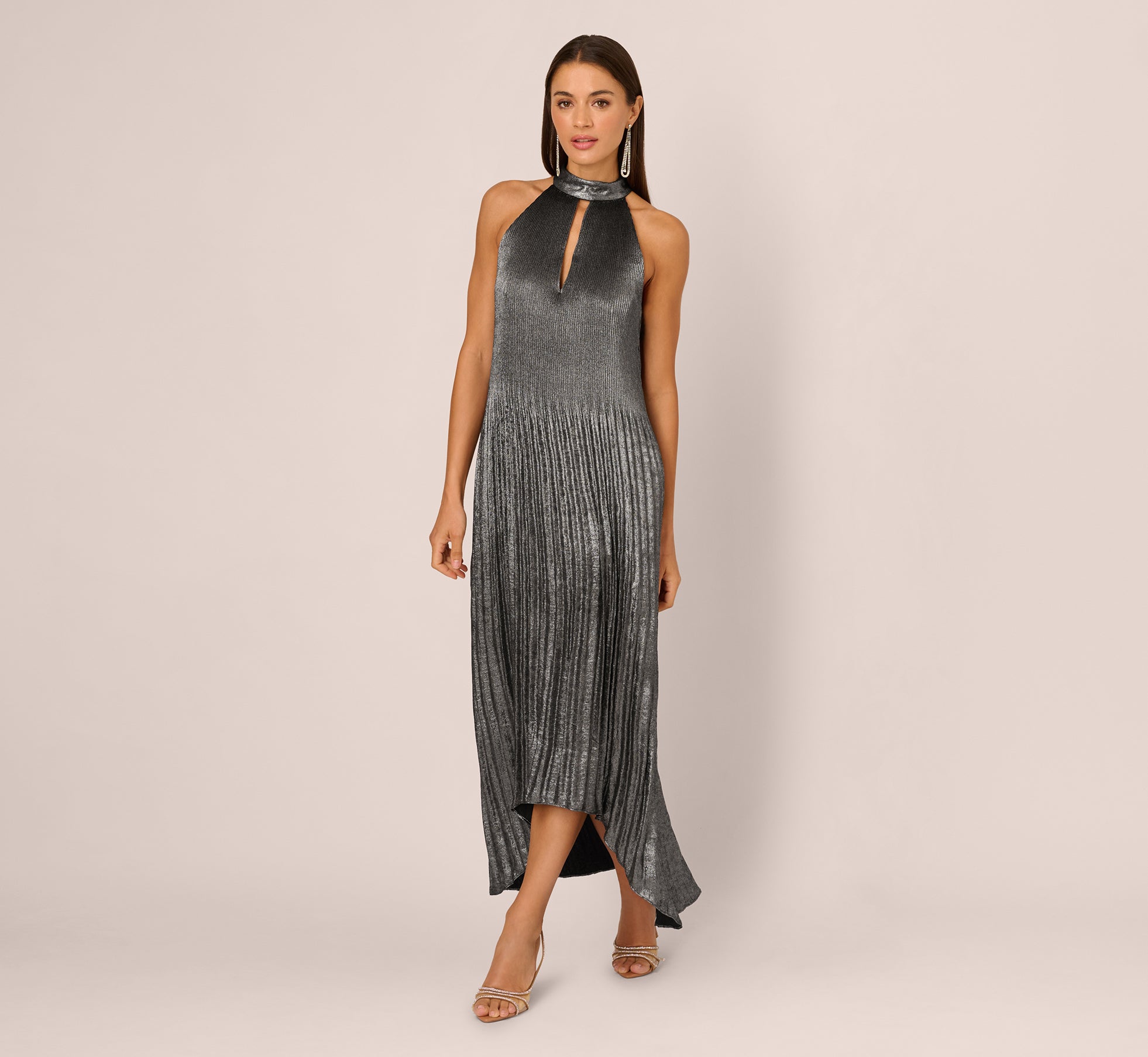 pleated metallic high low maxi halter dress in gunmetal black 3