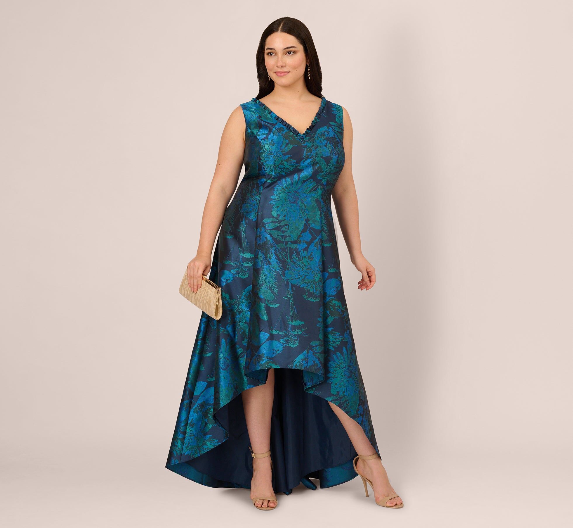 plus size ruffle floral jacquard high low gown in cobalt multi 1