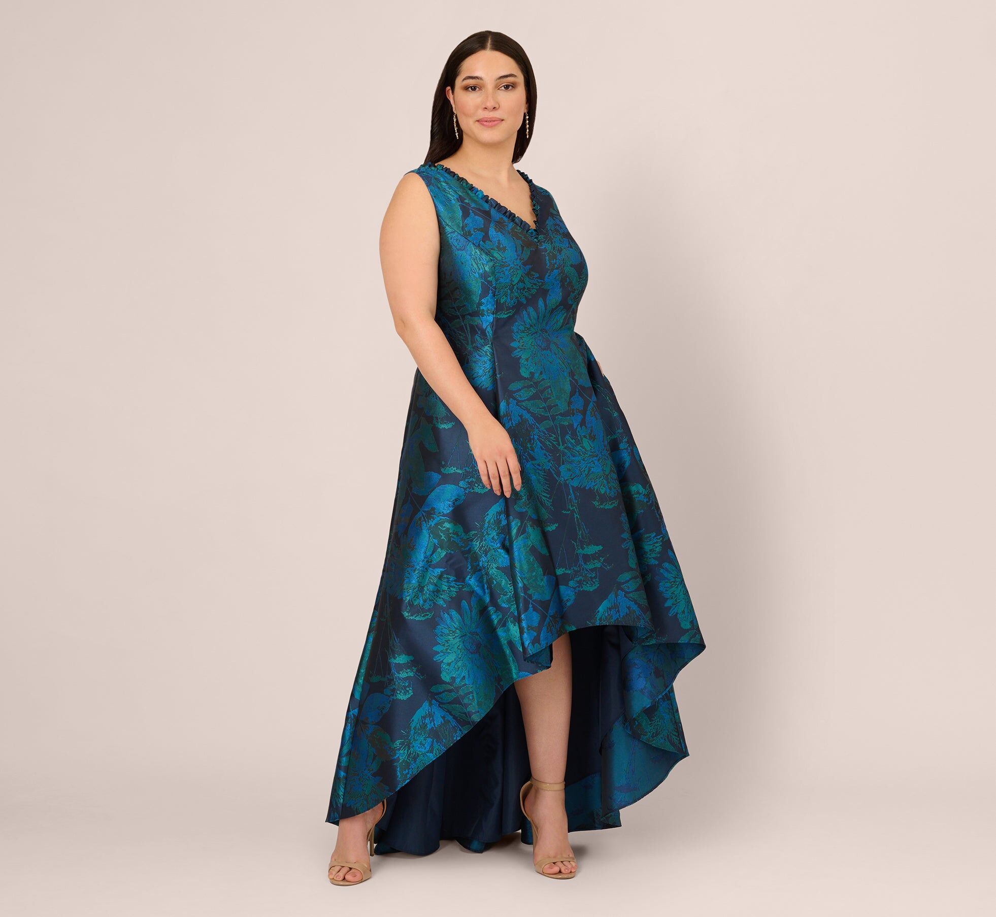 plus size ruffle floral jacquard high low gown in cobalt multi 2
