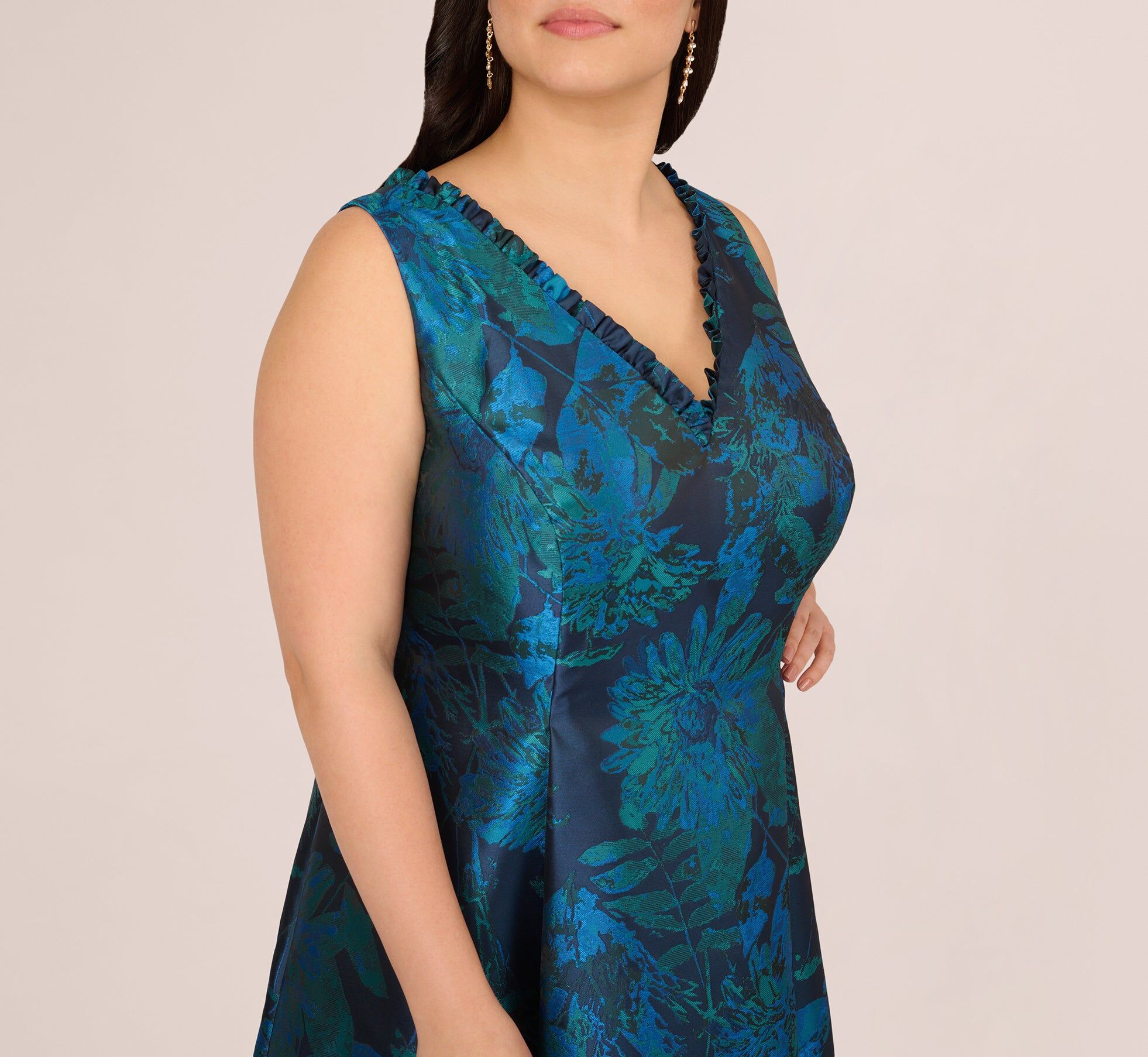 plus size ruffle floral jacquard high low gown in cobalt multi 3