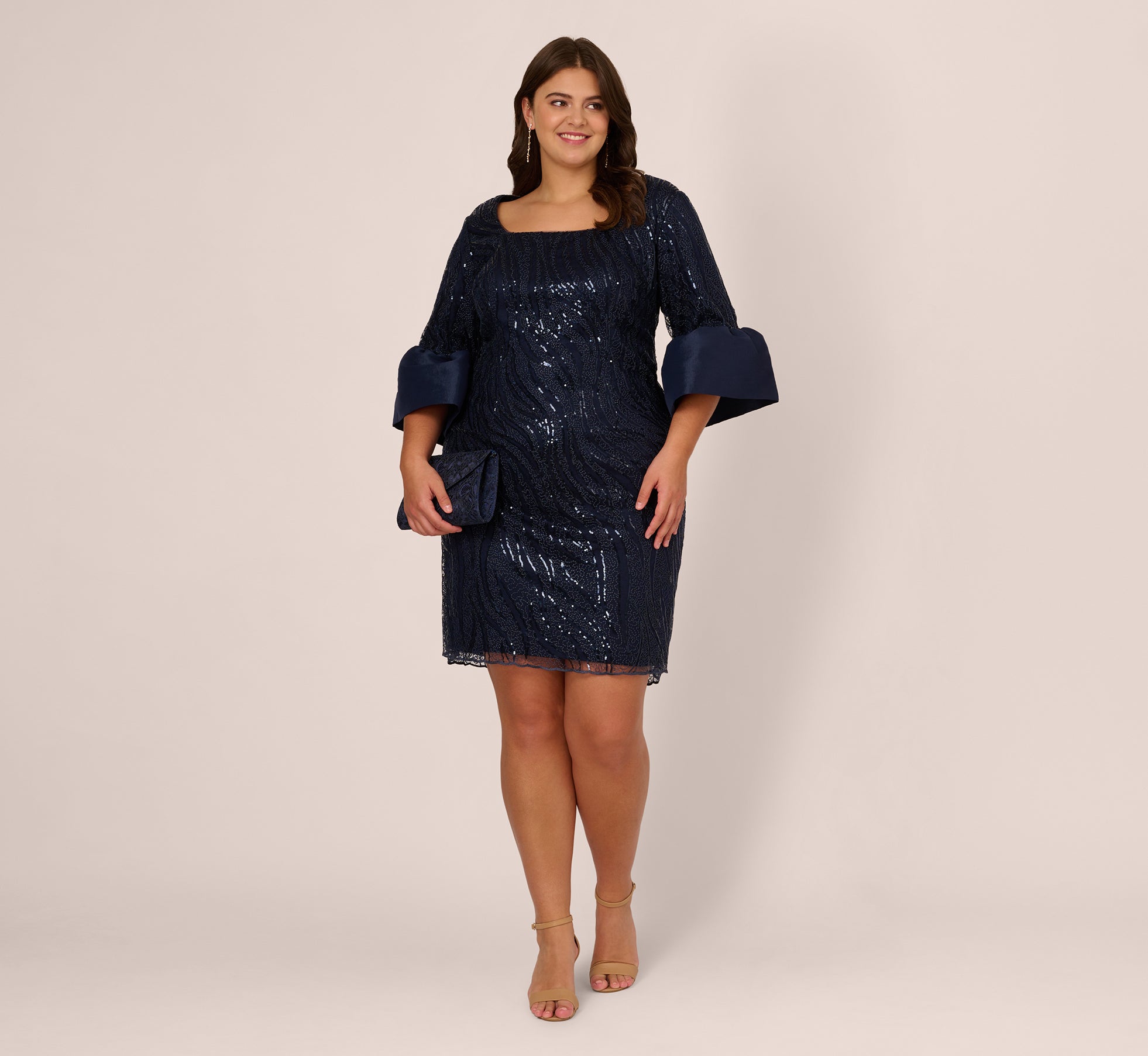 plus size sequin embroidered dress with taffeta bell sleeves in midnight 1
