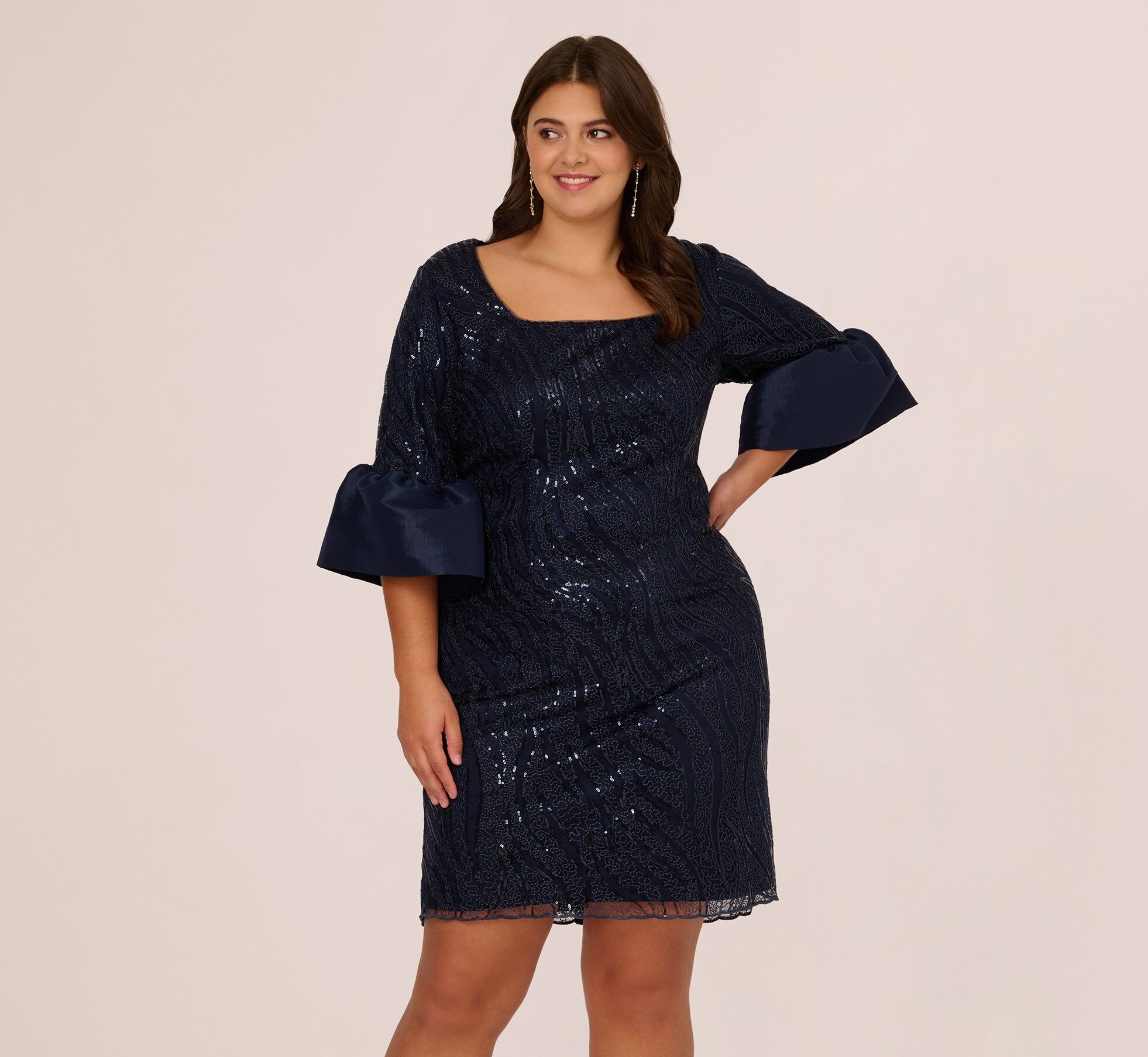 plus size sequin embroidered dress with taffeta bell sleeves in midnight 2