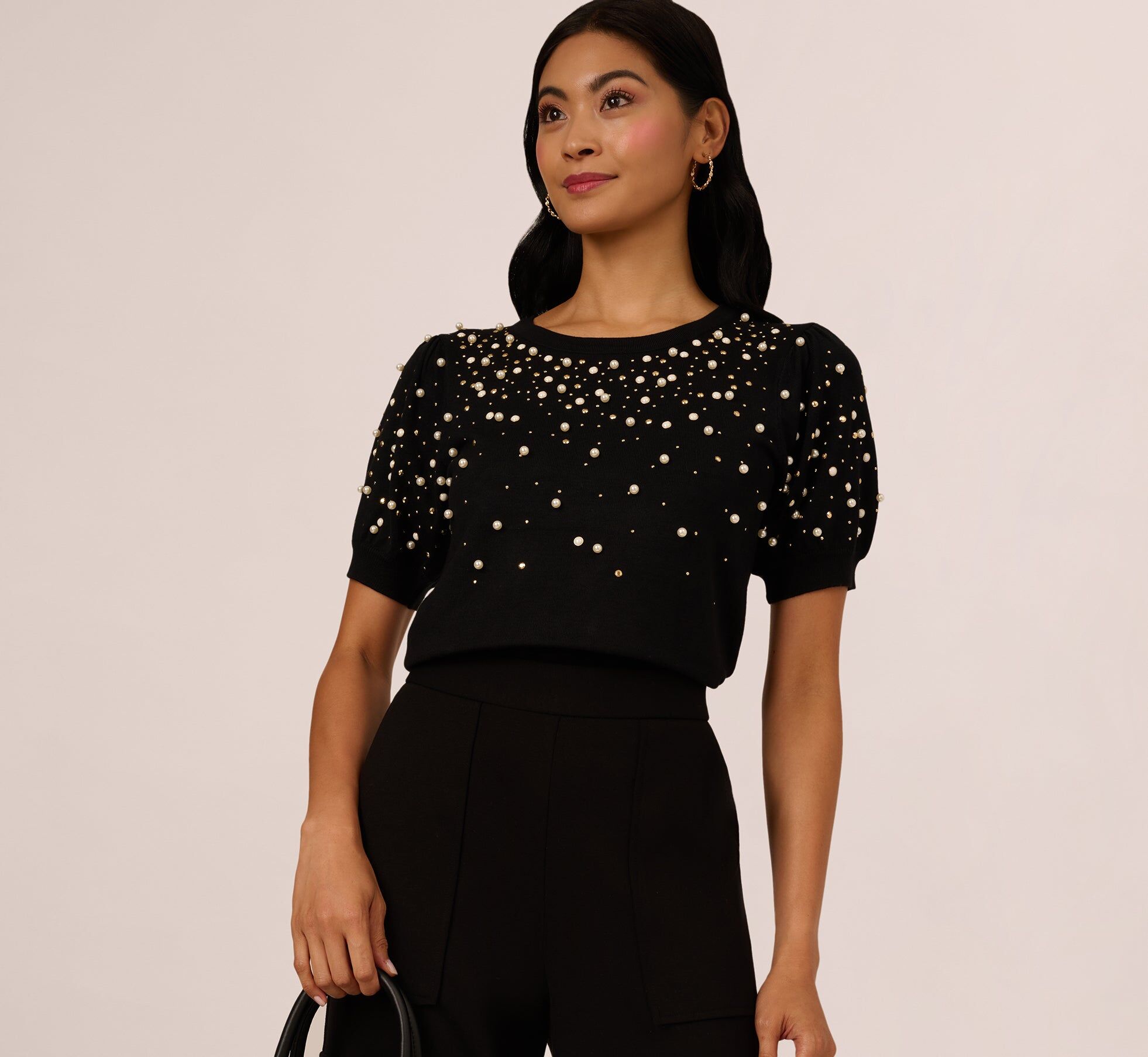 puff sleeve pearly embellished sweater in black 2