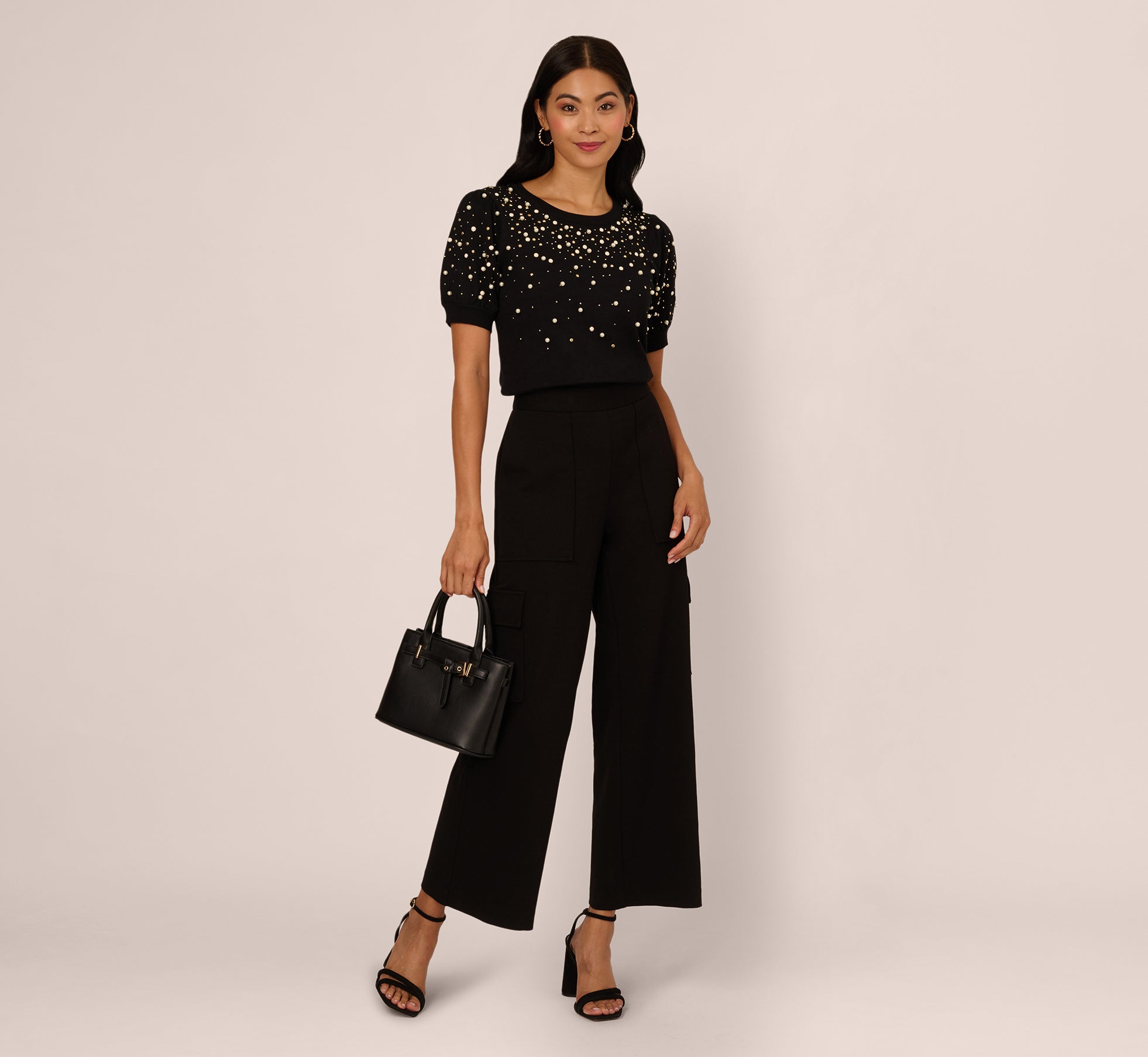 puff sleeve pearly embellished sweater in black 3