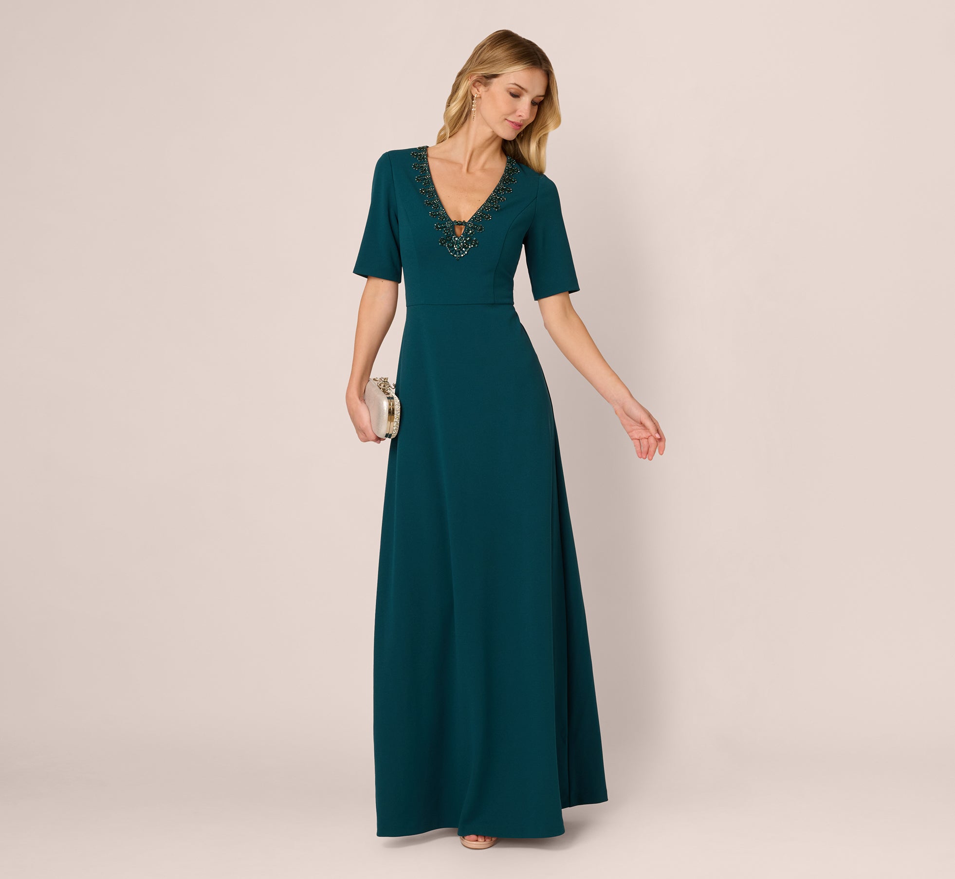 short sleeve beaded keyhole gown in hunter 1