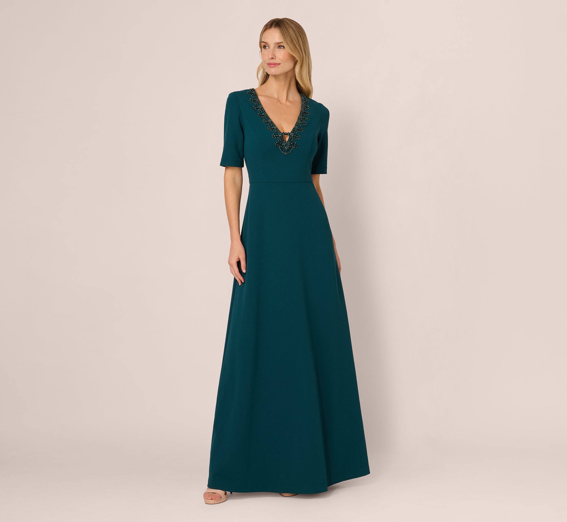 short sleeve beaded keyhole gown in hunter 2