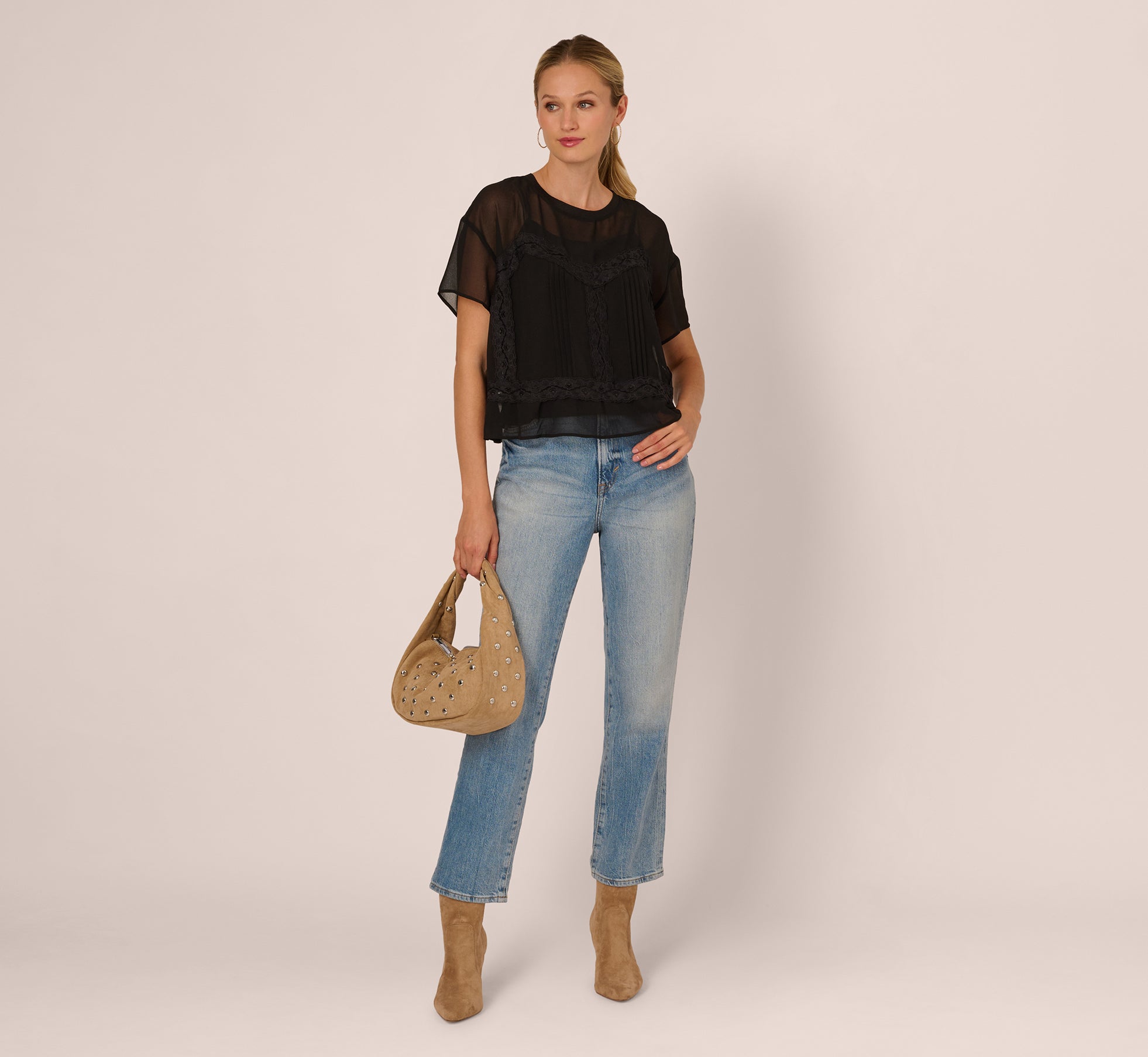 short sleeve pintuck lace top in black 2