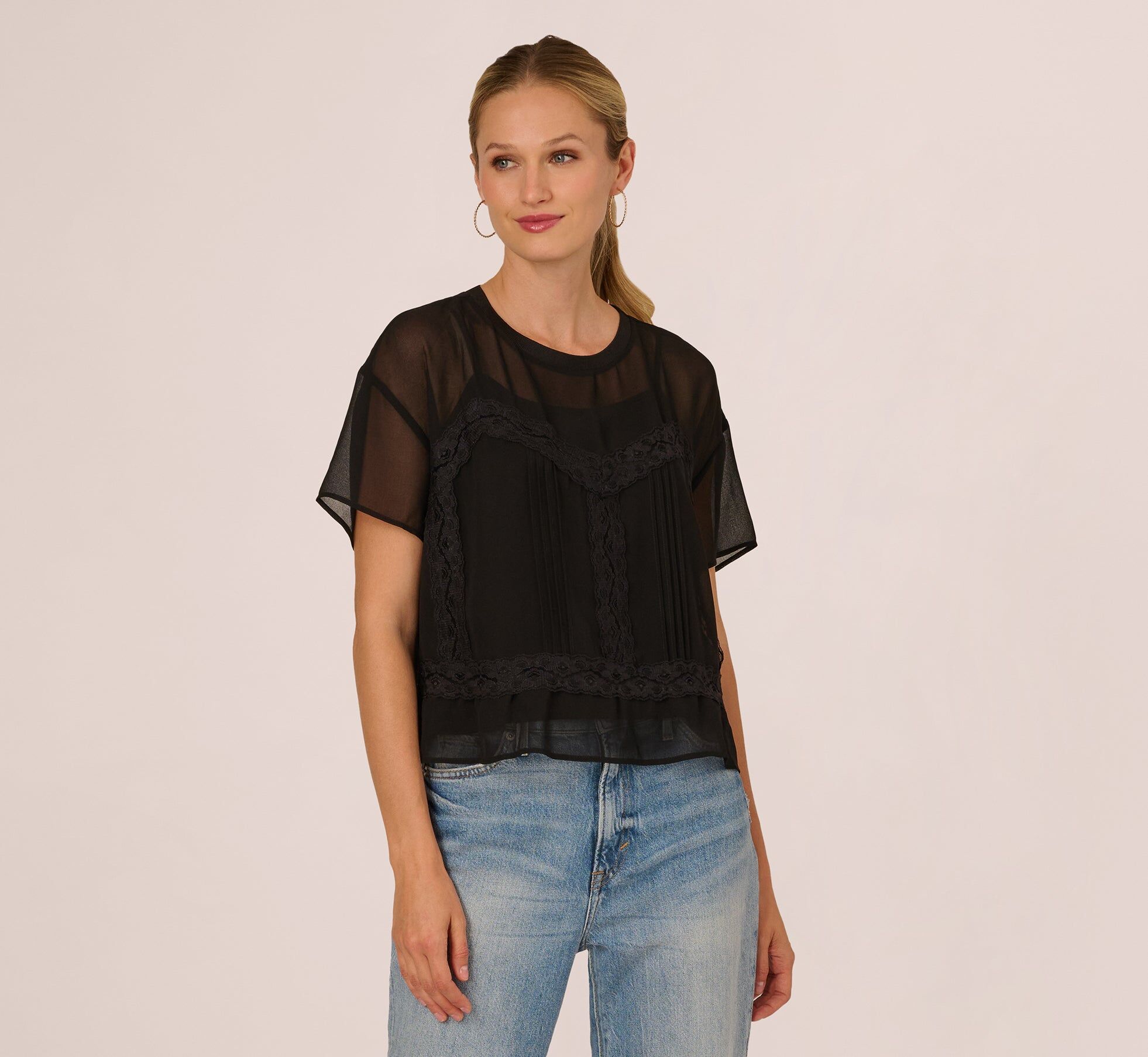 short sleeve pintuck lace top in black 3