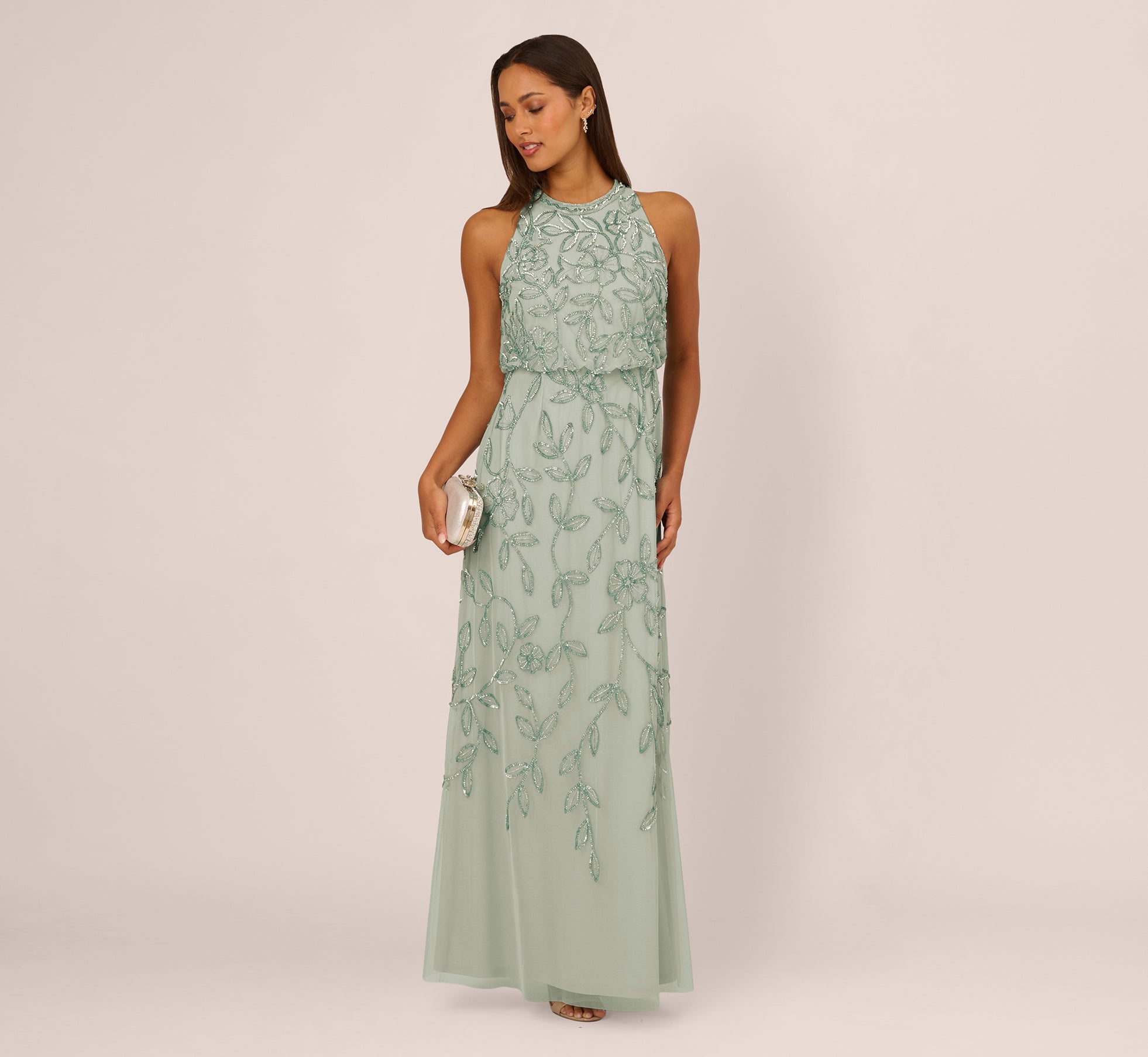 sleeveless blouson mermaid gown with jasmine beading in aqua dust 1