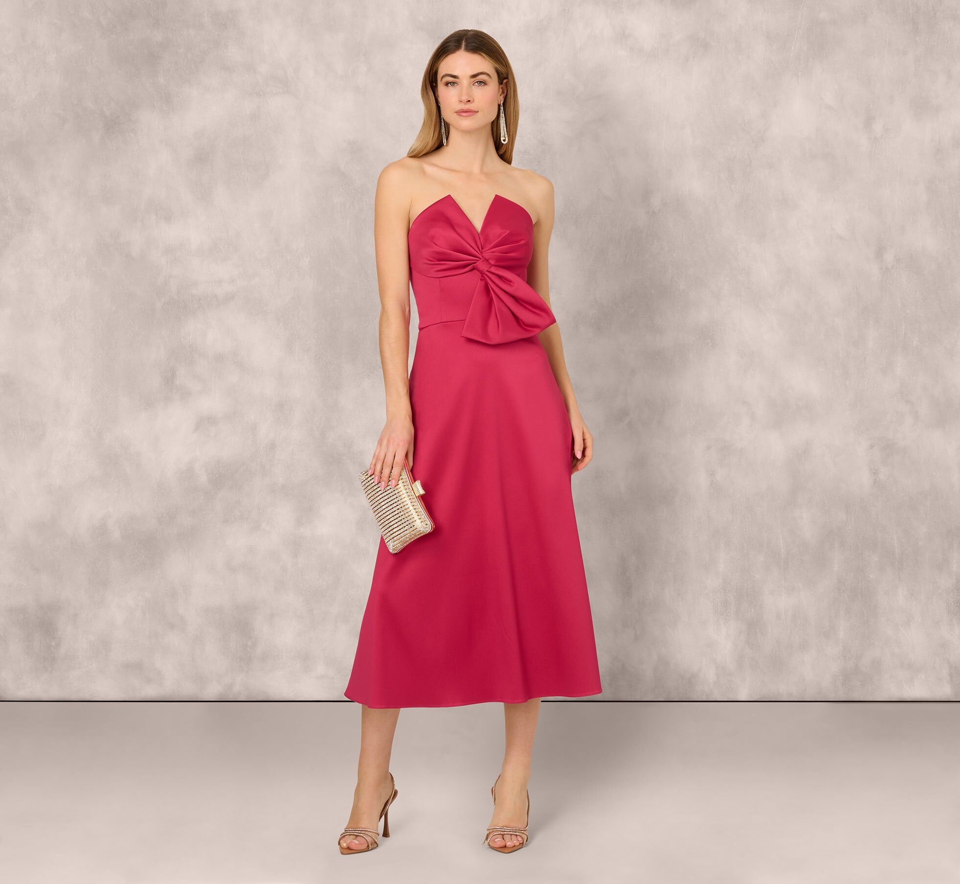 strapless bow front mikado midi dress in faded azalea 1