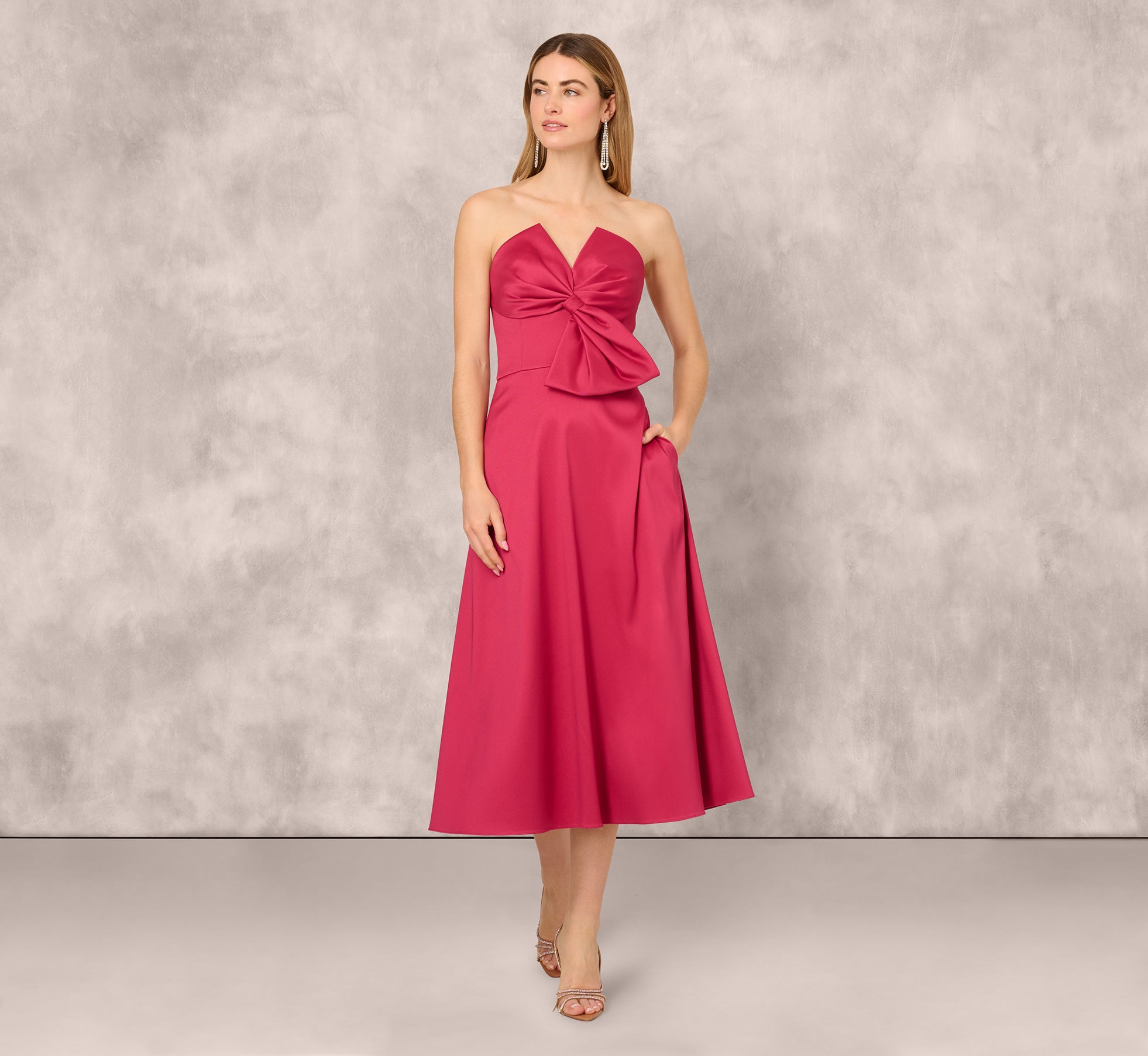 strapless bow front mikado midi dress in faded azalea 2