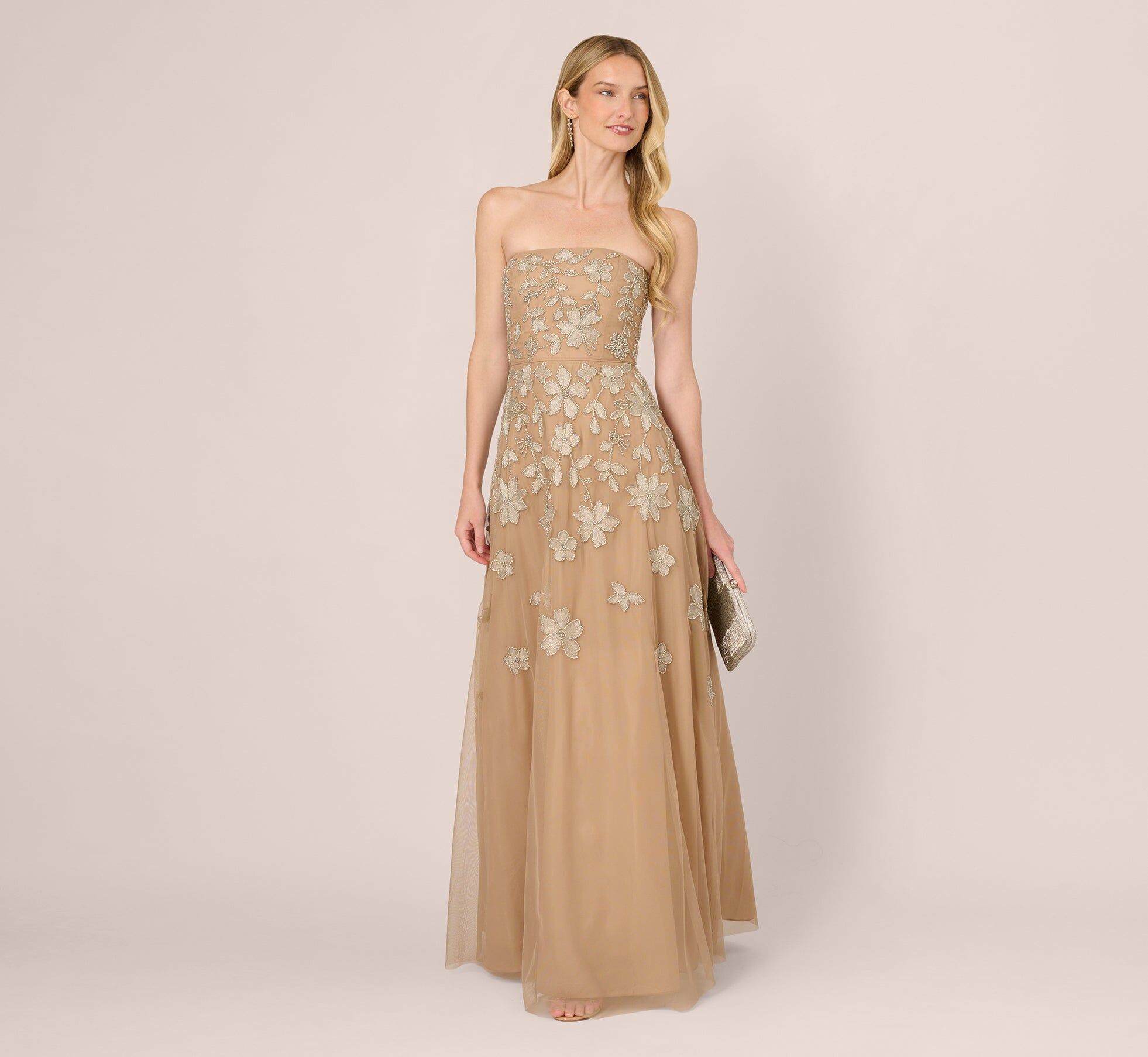 strapless floral beaded embroidery gown in taupe pink 1