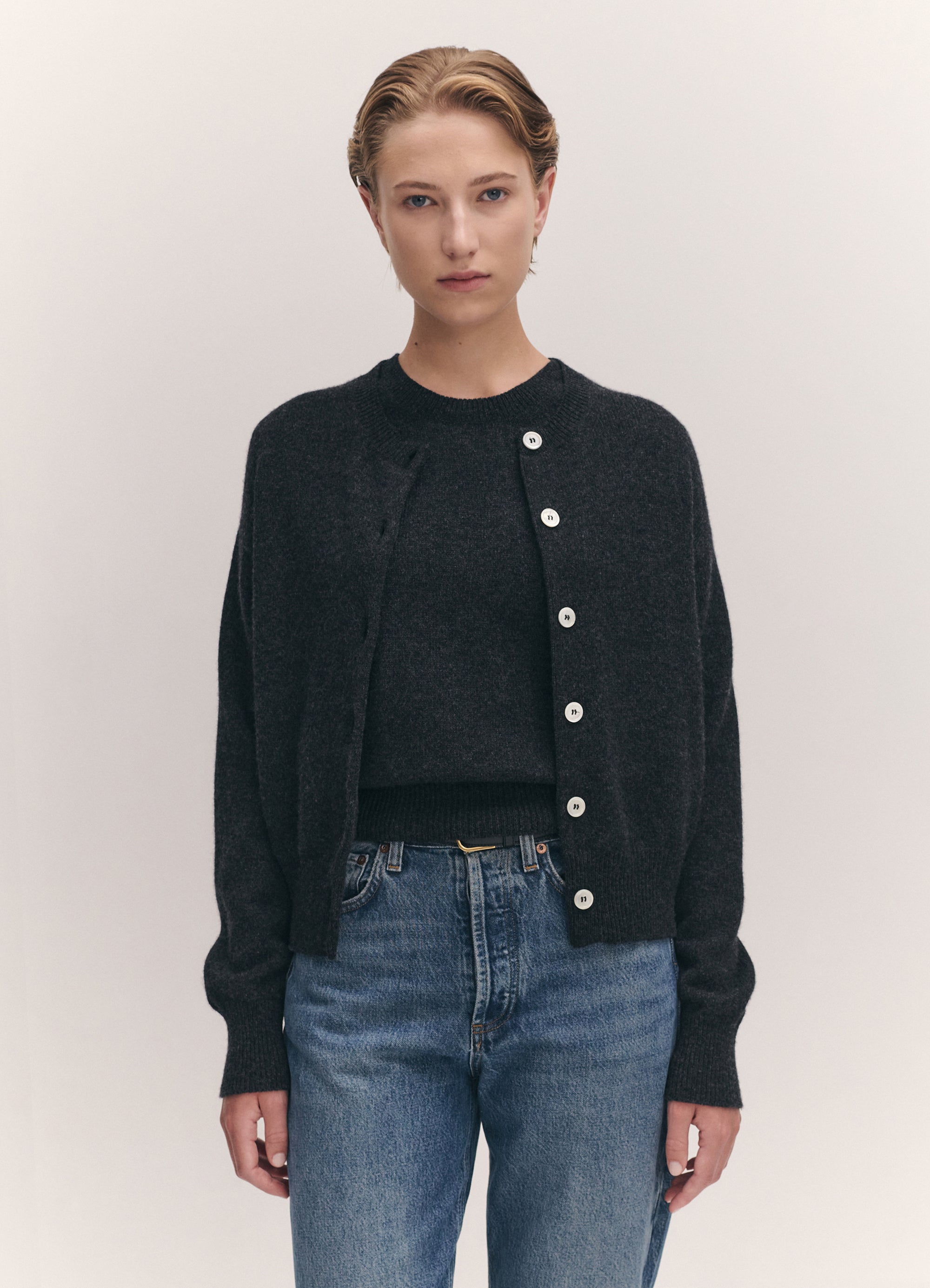 ada crewneck cardigan in charcoal 3