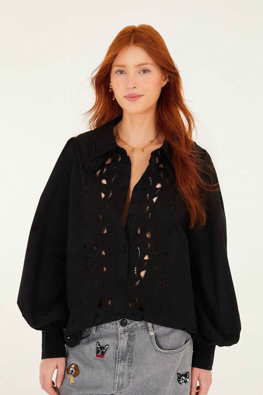 black embroidered buttoned puff sleeve shirt 1