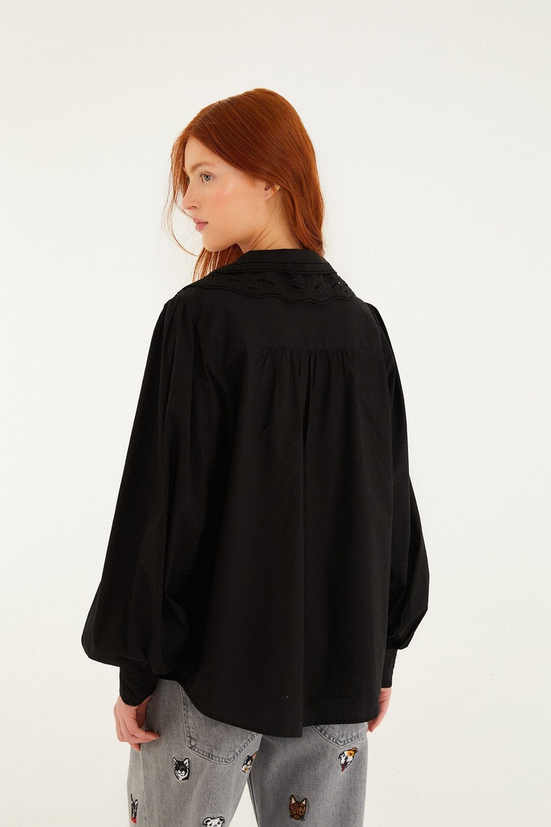 black embroidered buttoned puff sleeve shirt 3