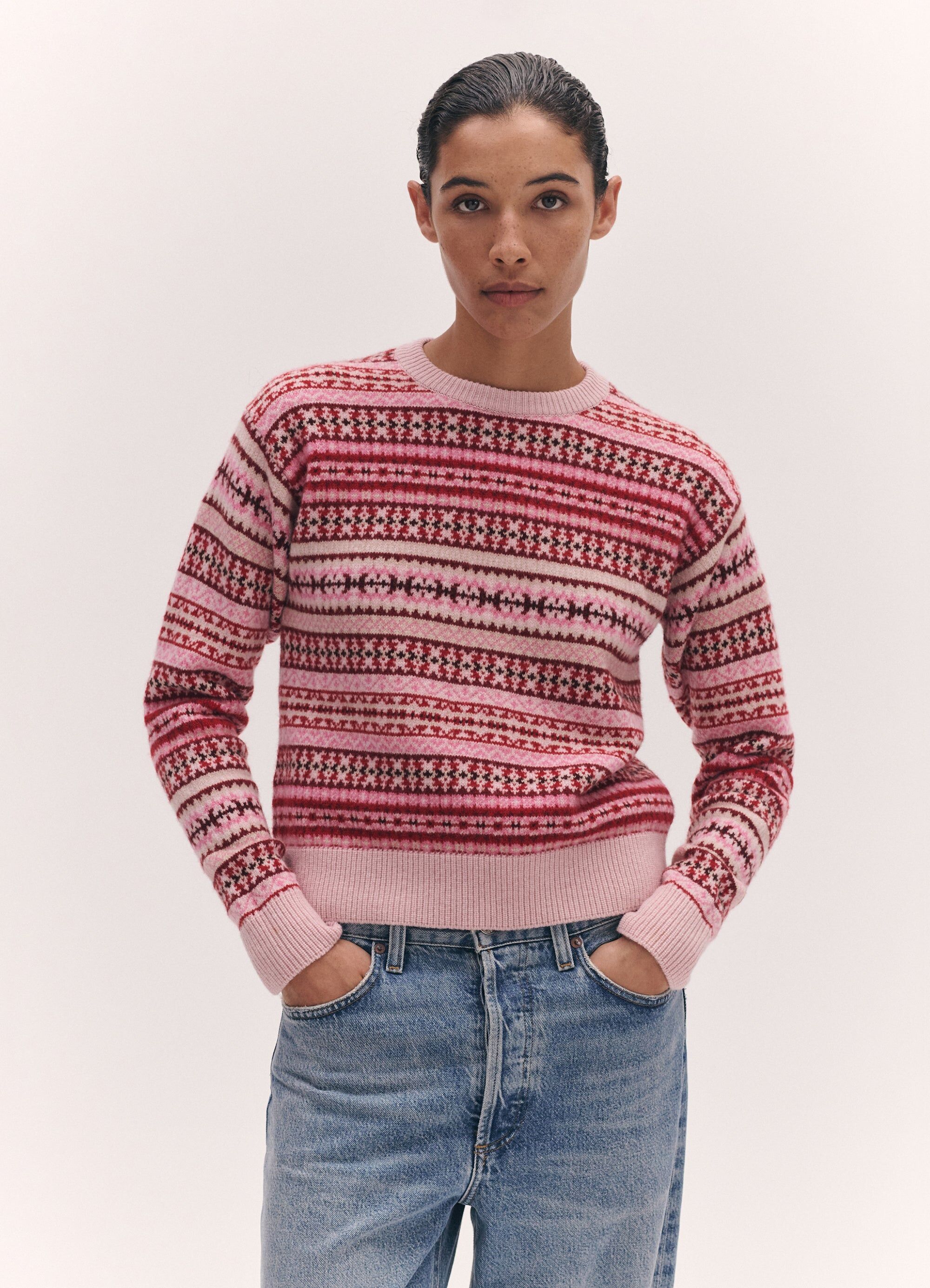 fairisle shrunken crewneck in pink multi 1