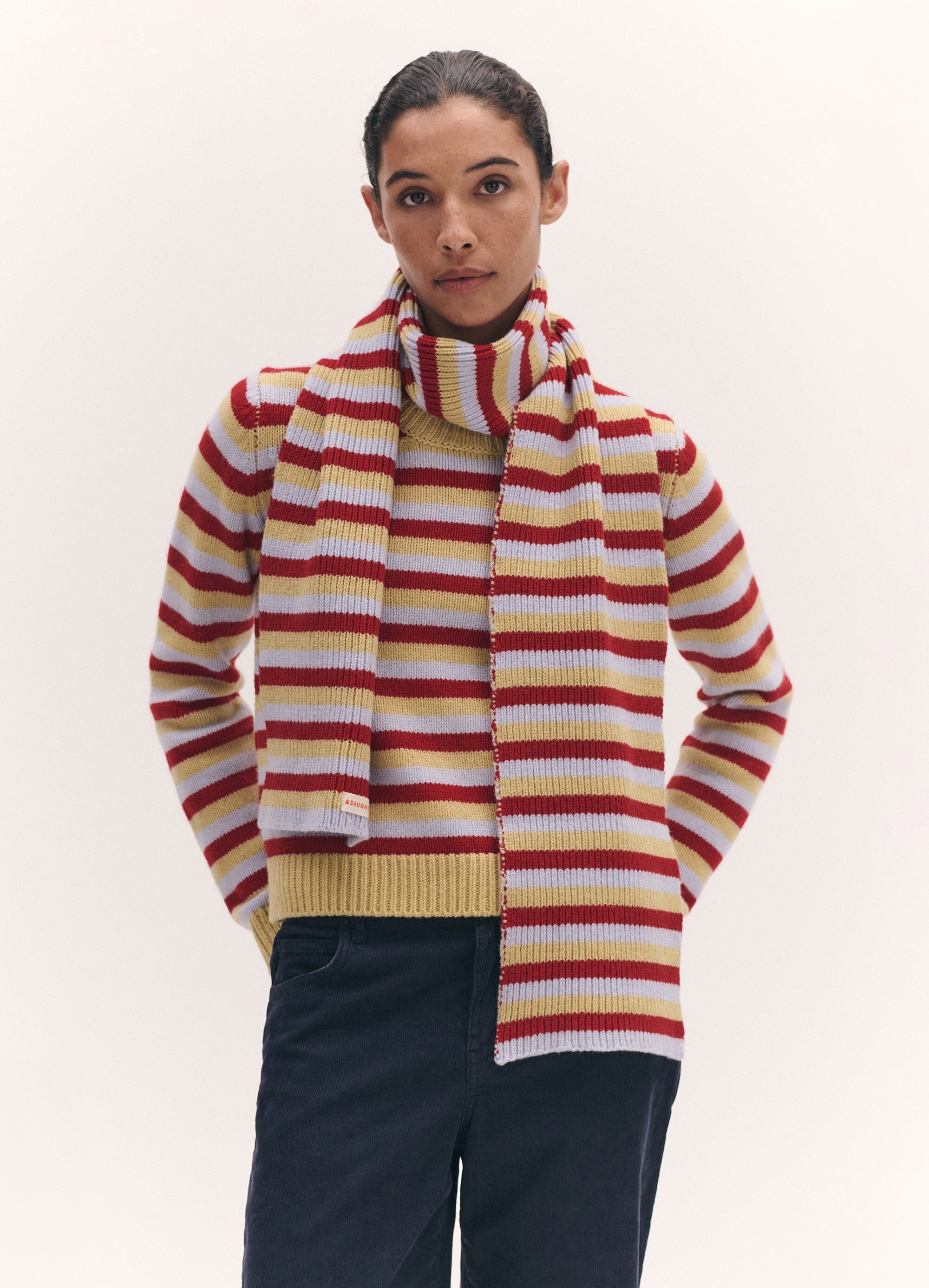 rosha shrunken crewneck in ruby red and dust blue stripe 1