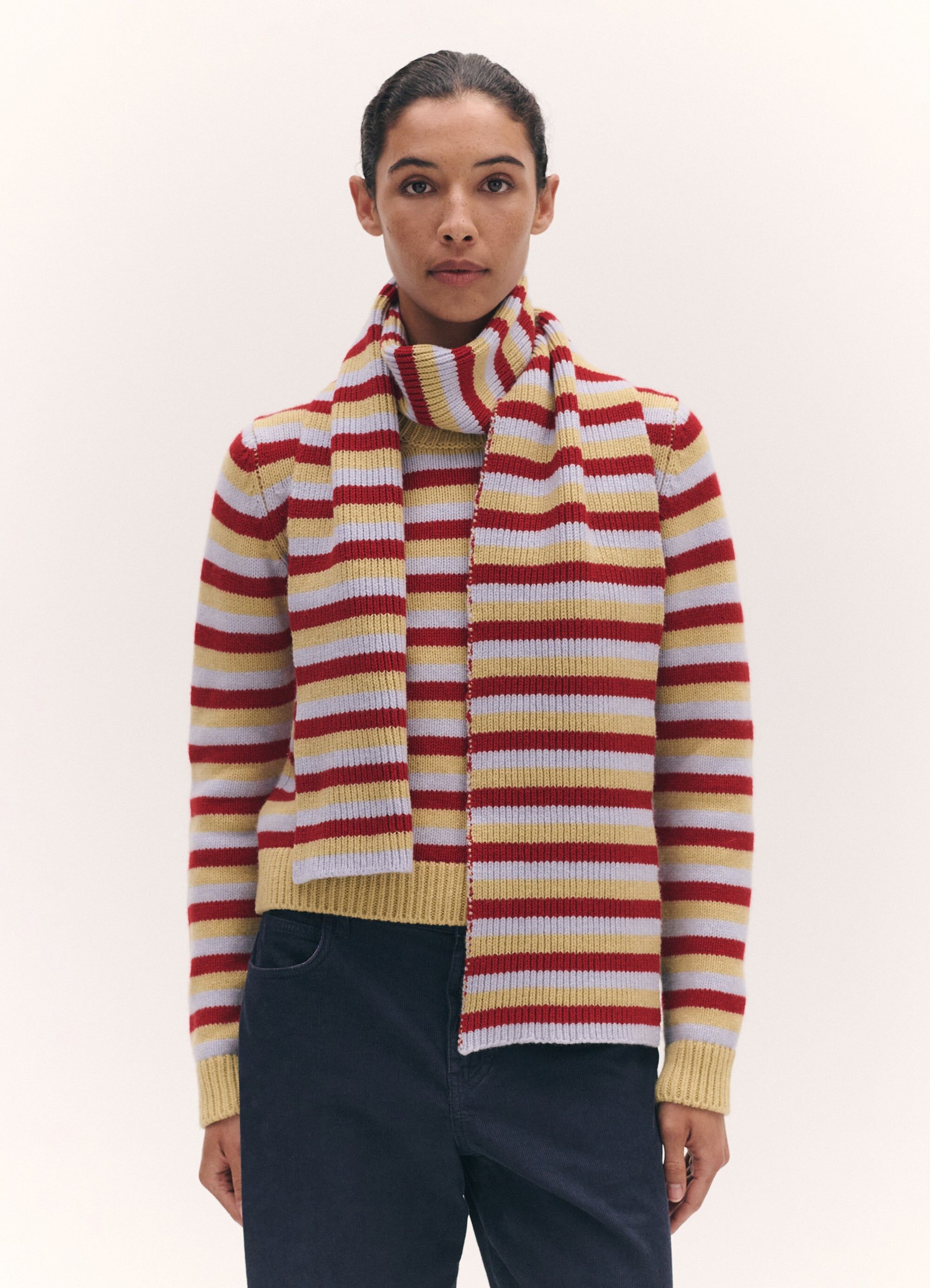 rosha shrunken crewneck in ruby red and dust blue stripe 2