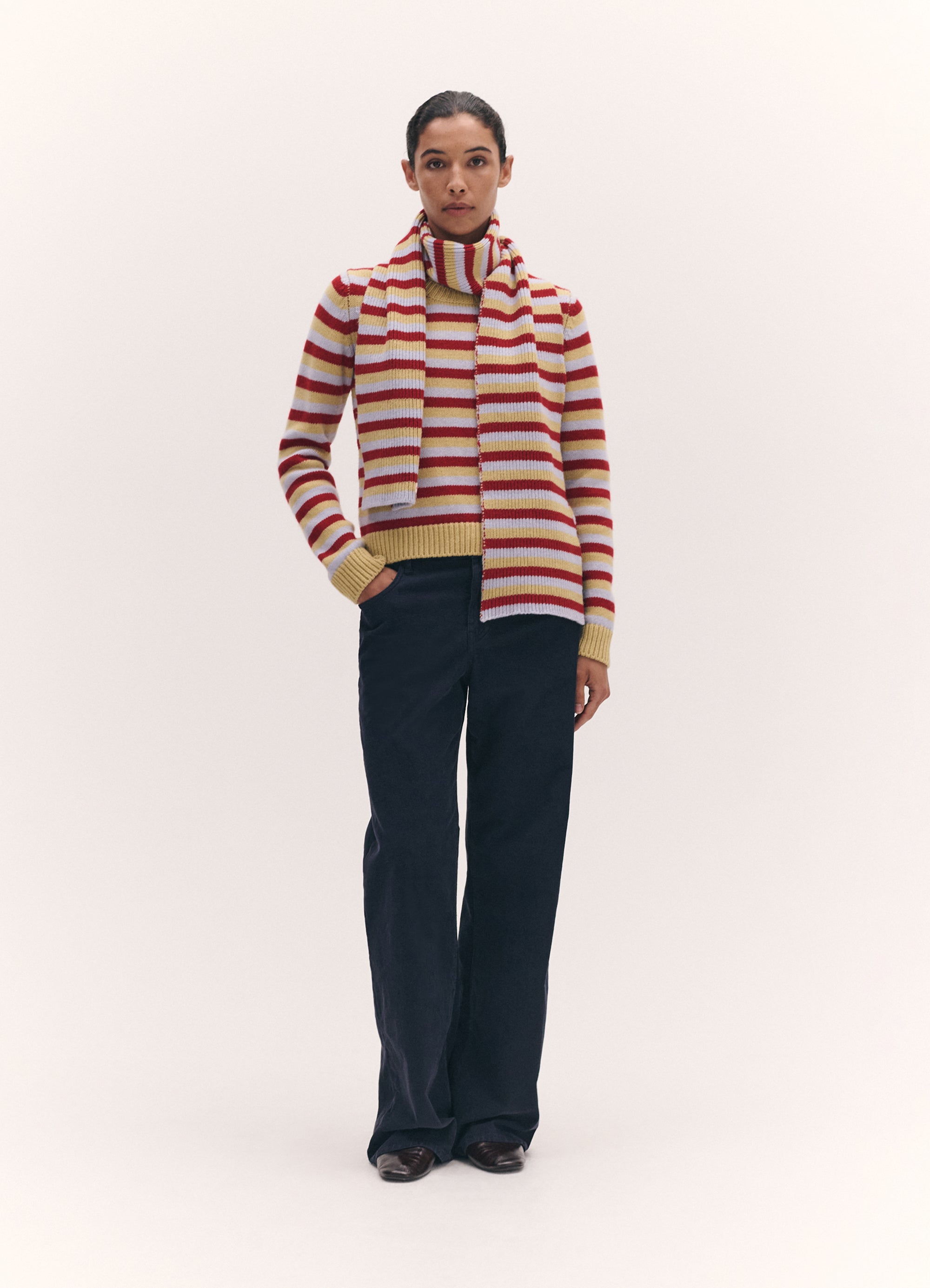 rosha shrunken crewneck in ruby red and dust blue stripe 3